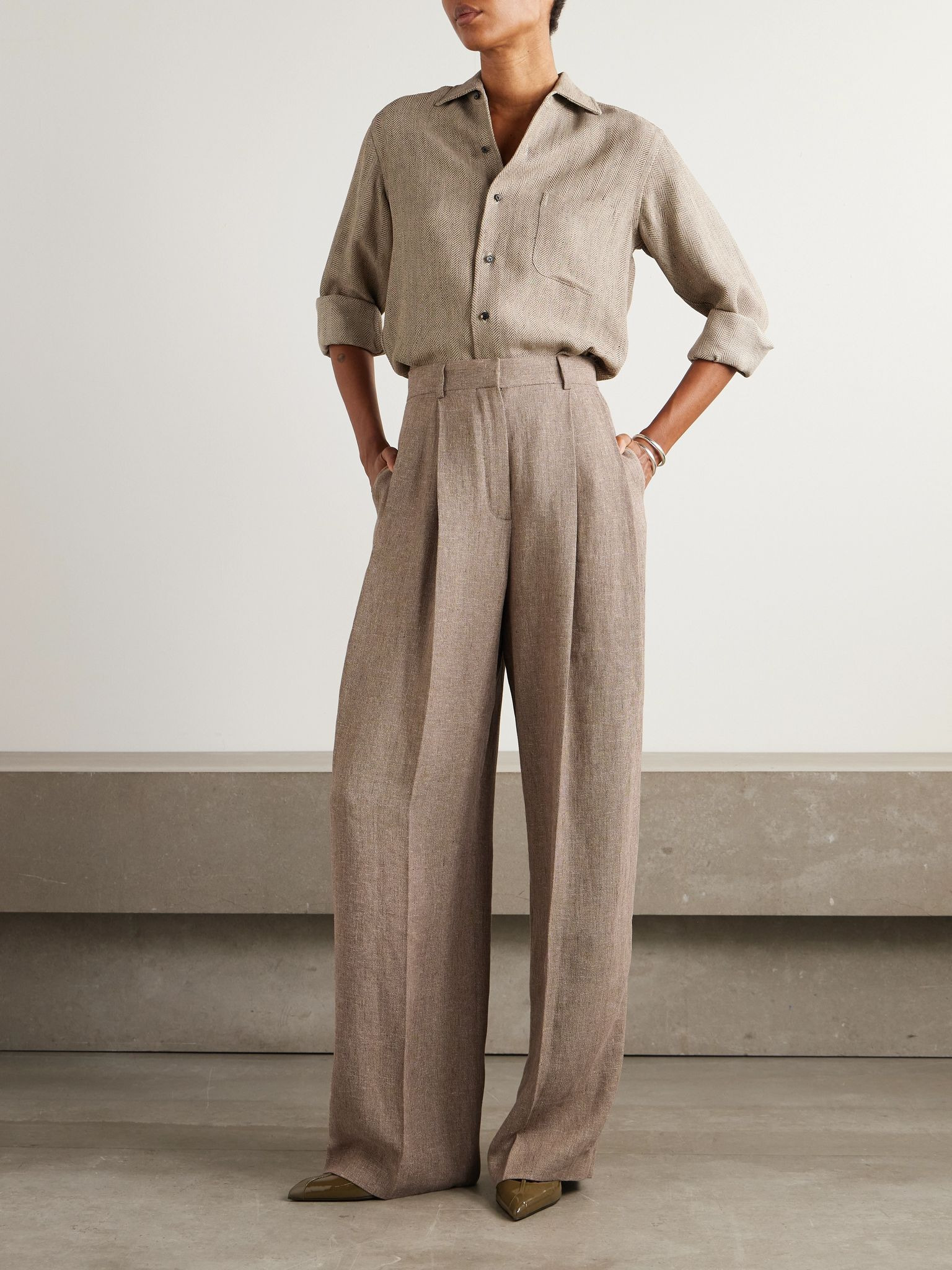 Kurt pleated linen wide-leg pants Brown - 2