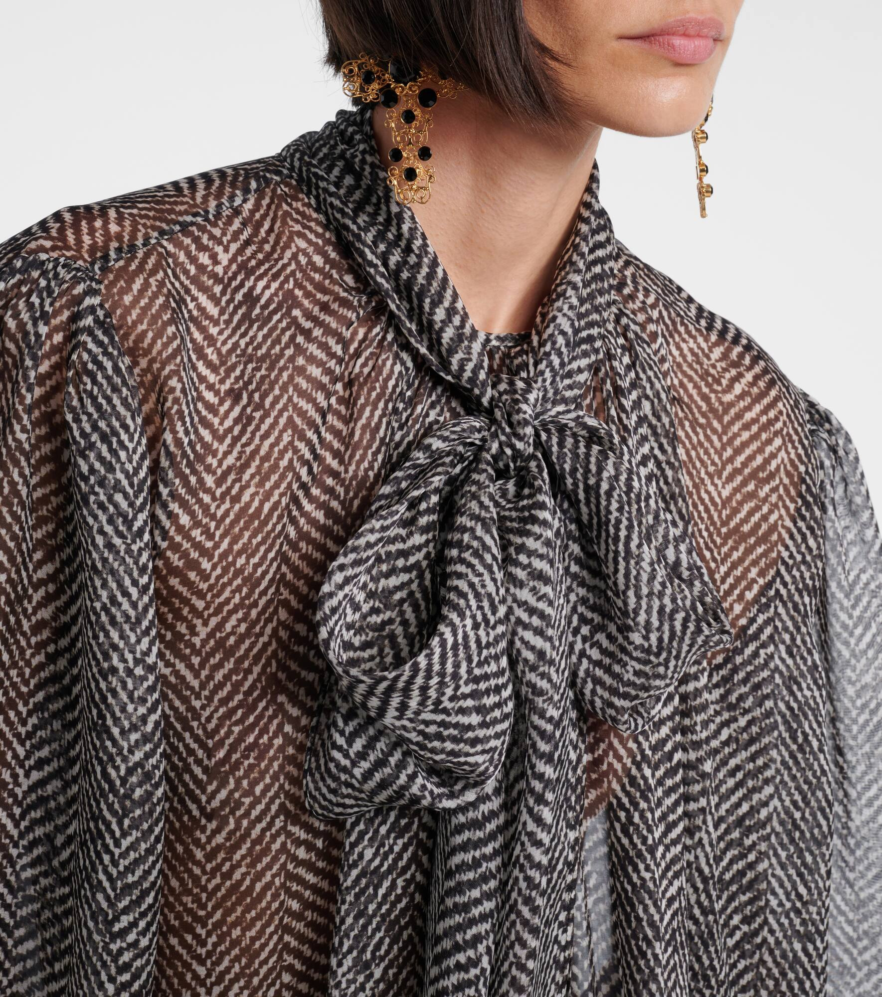 Tie-neck herringbone silk chiffon blouse - 4