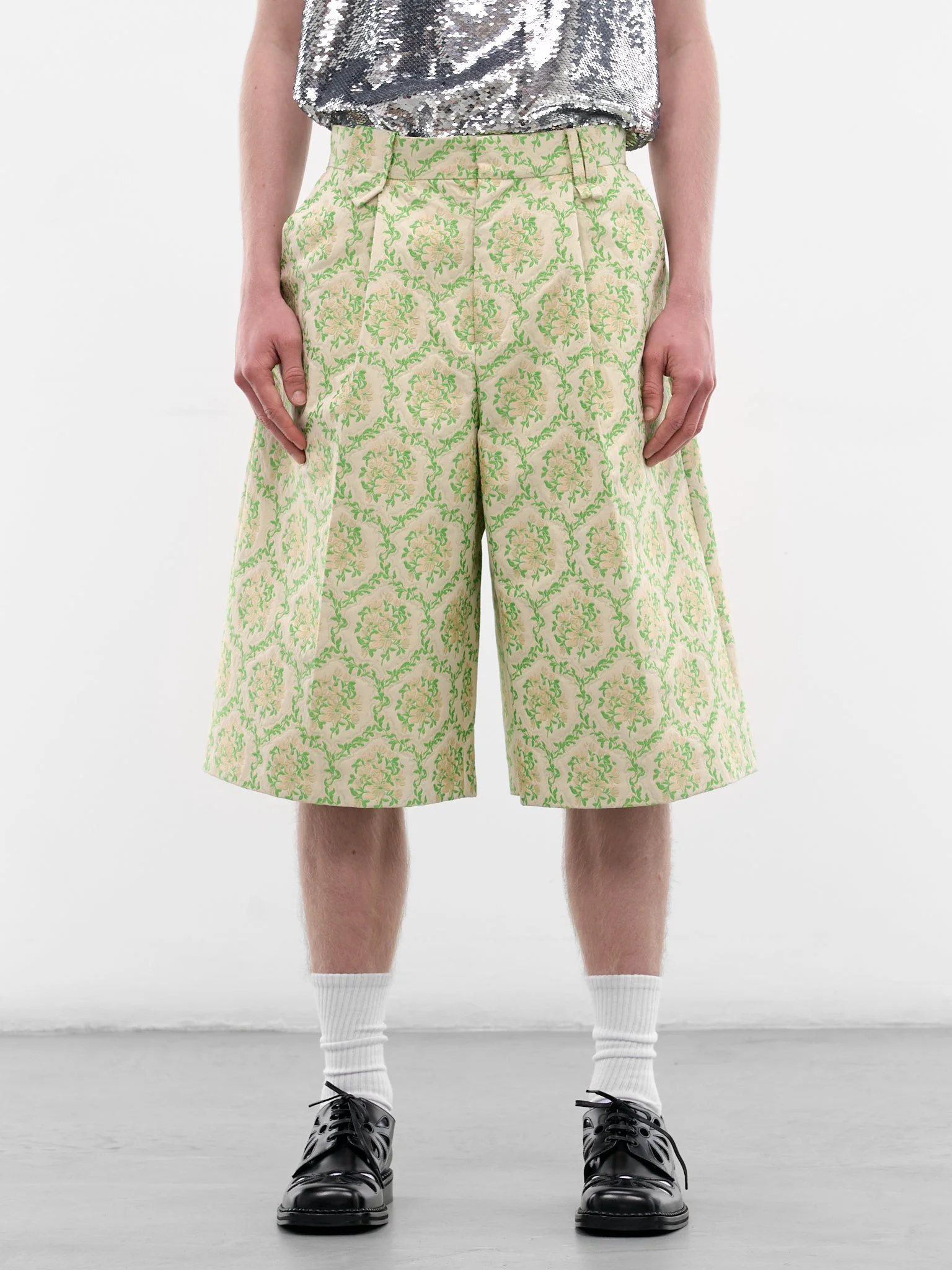 Green Floral Jacquard Tailored Shorts - 1