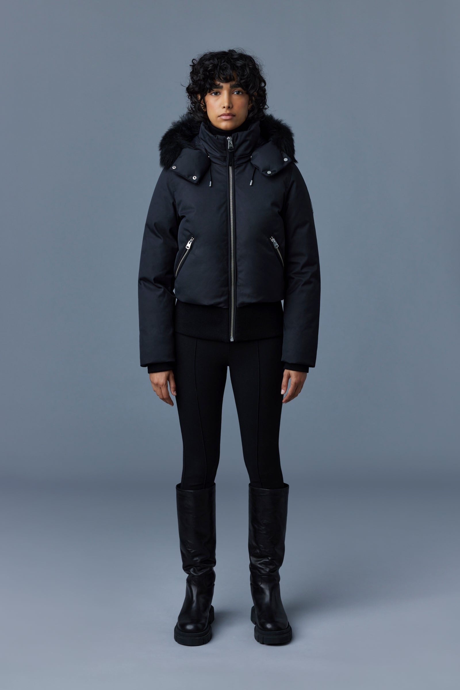 CORY Twill down bomber with removable hood and sheepskin trim for ladies - 2