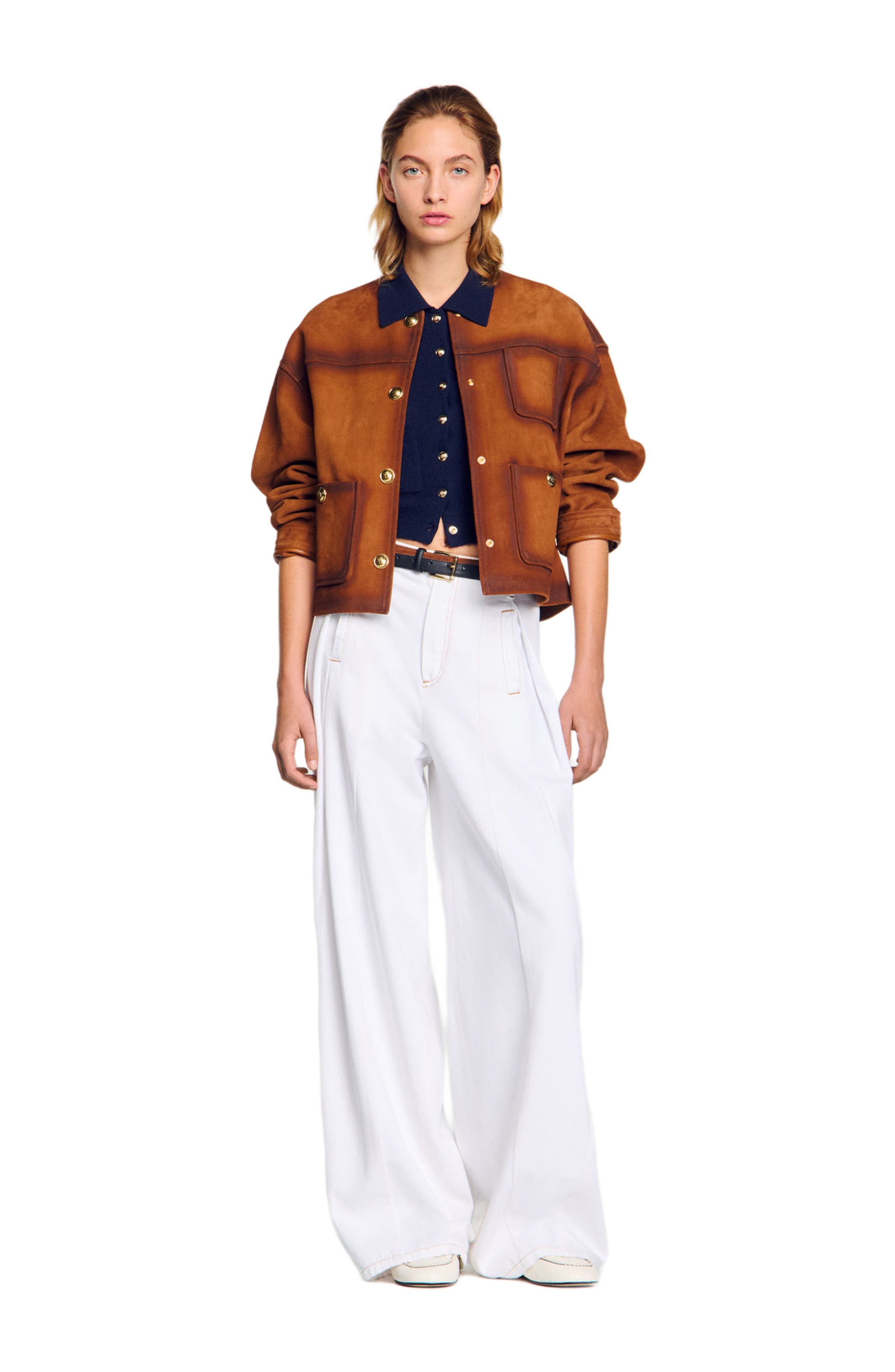 SANDRO Topstitched wide-leg jeans in White at Nordstrom - 6