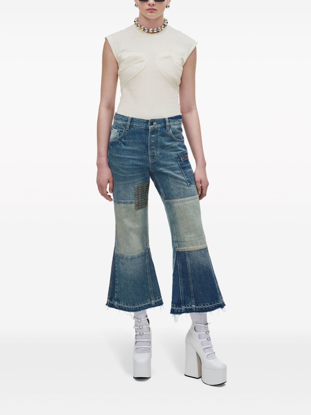 patchwork cropped flared jeans - 2