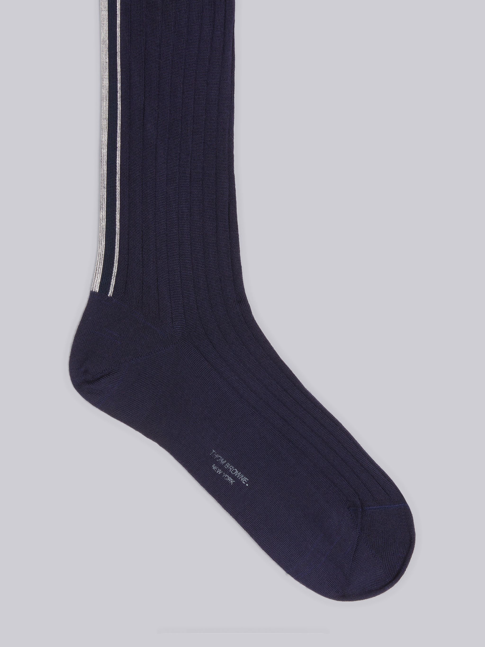 Navy Sustainable Machine Washable Merino Wool Intarsia Back Stripe Mid Calf Rib Socks - 2