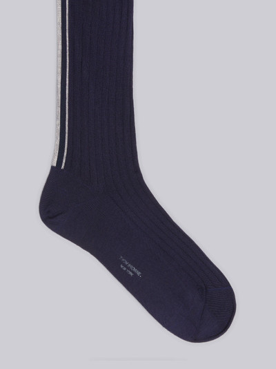 Thom Browne Navy Sustainable Machine Washable Merino Wool Intarsia Back Stripe Mid Calf Rib Socks outlook