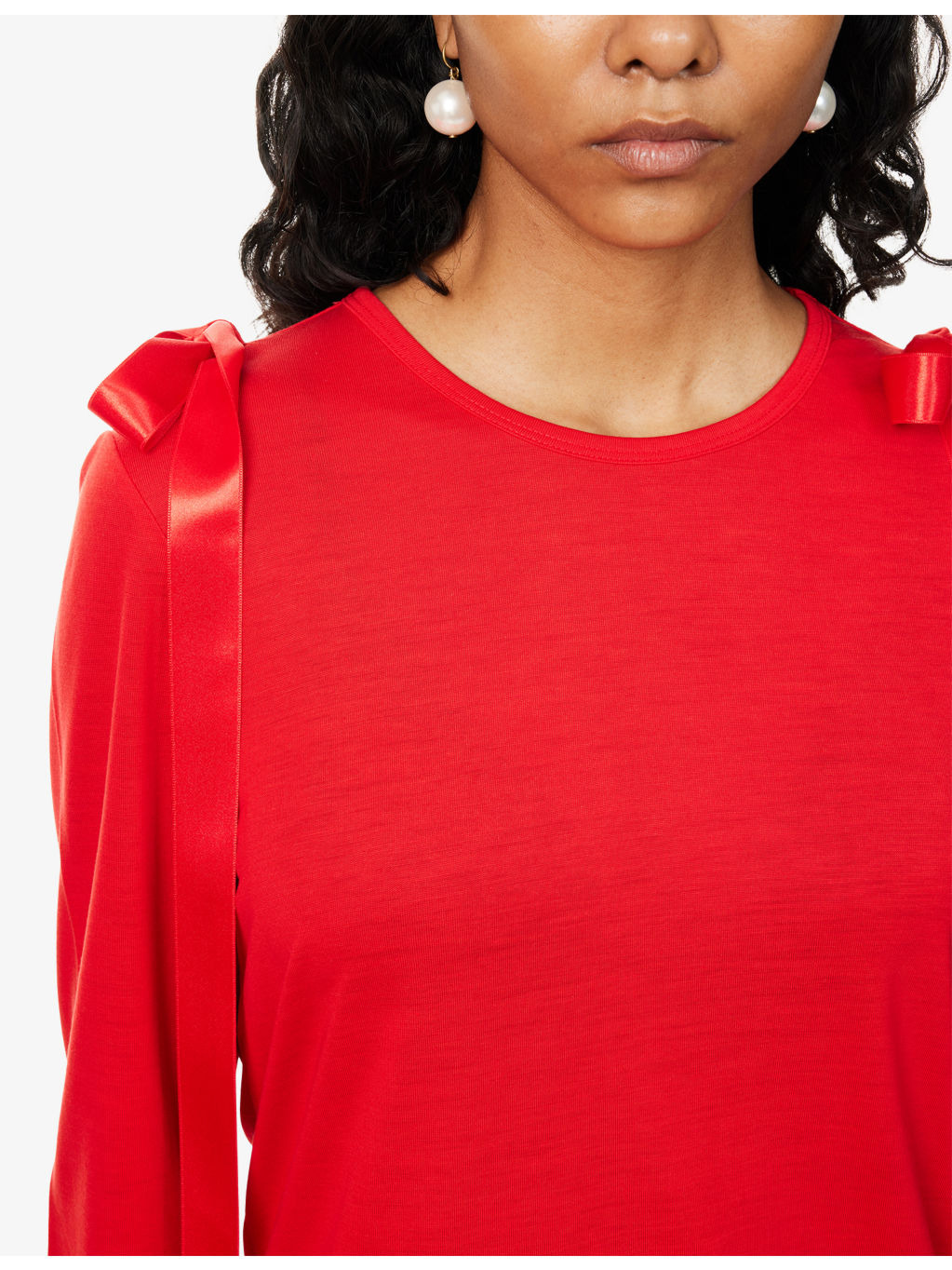 Bow-Ribbon Long-Sleeves Woven T-Shirt - 5