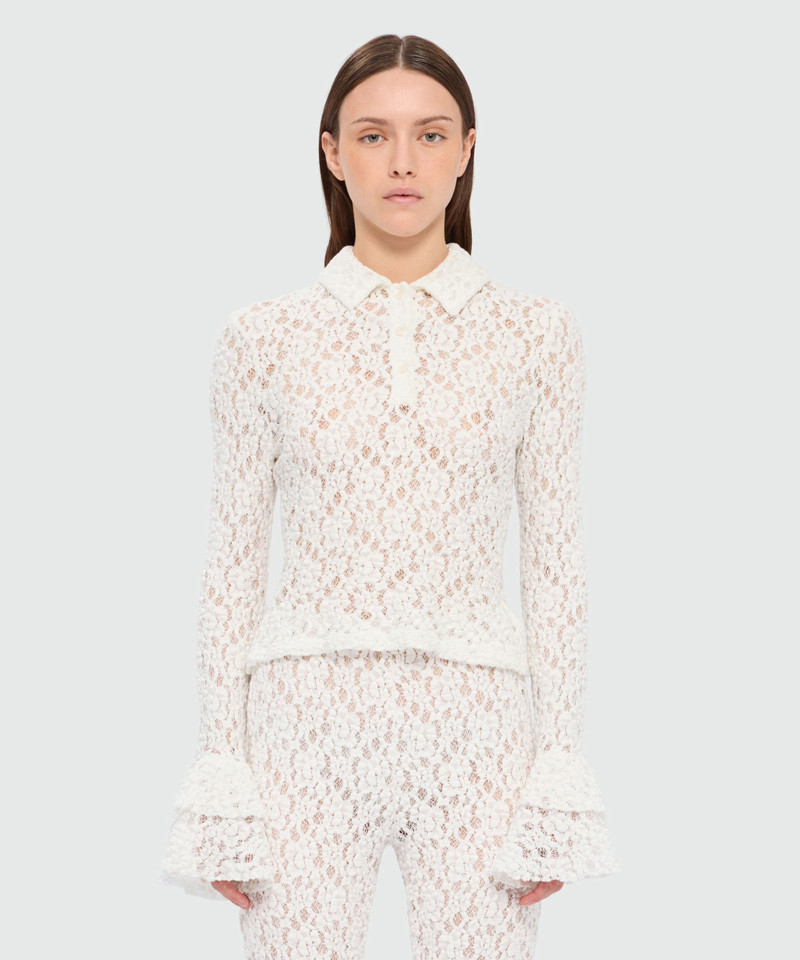 MSGM White long-sleeve lace polo shirt outlook