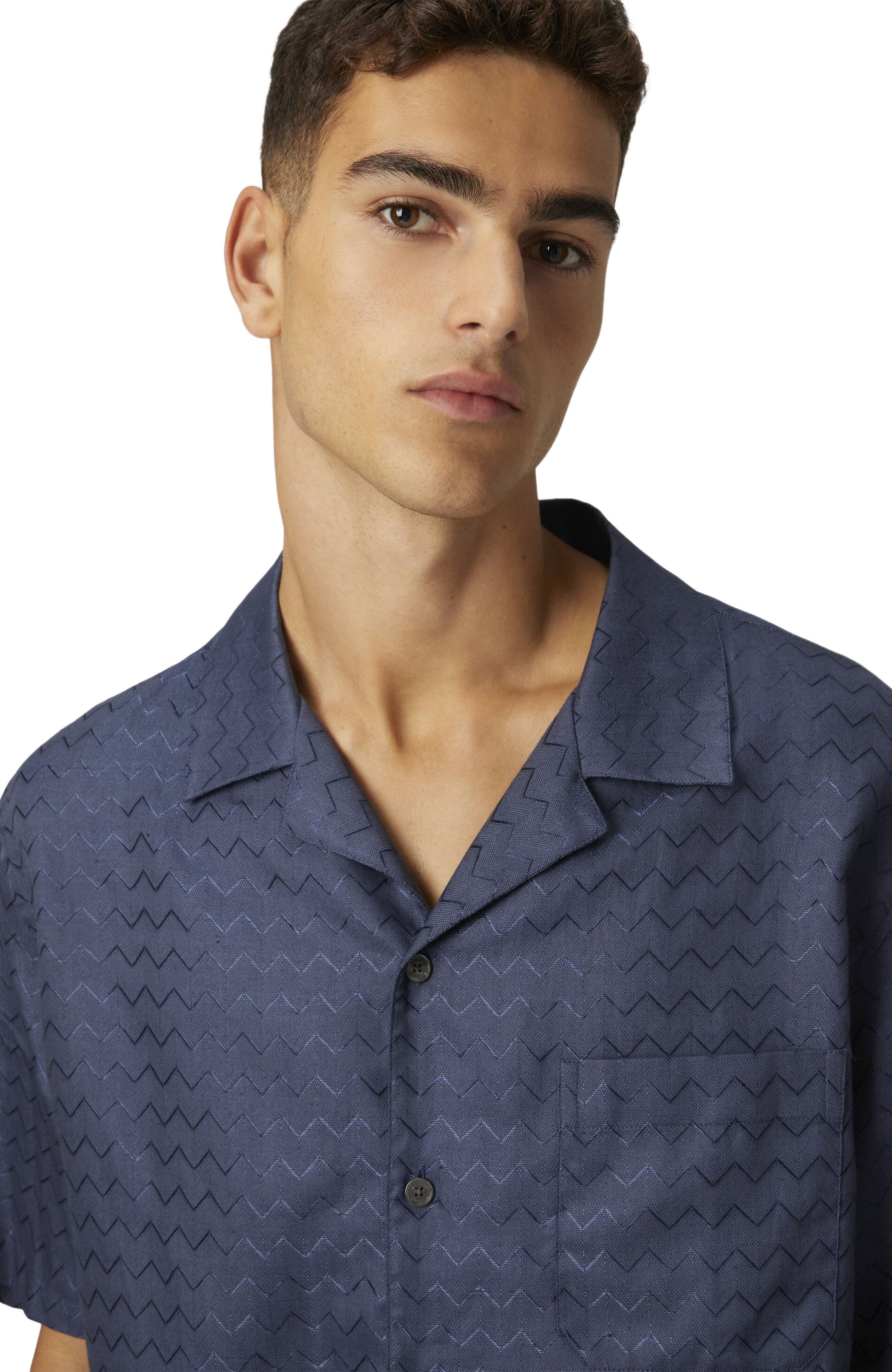 Missoni Cotton, Viscose And Linen Bowling Shirt With Shiny Zigzag Pattern in Blue at Nordstrom - 4
