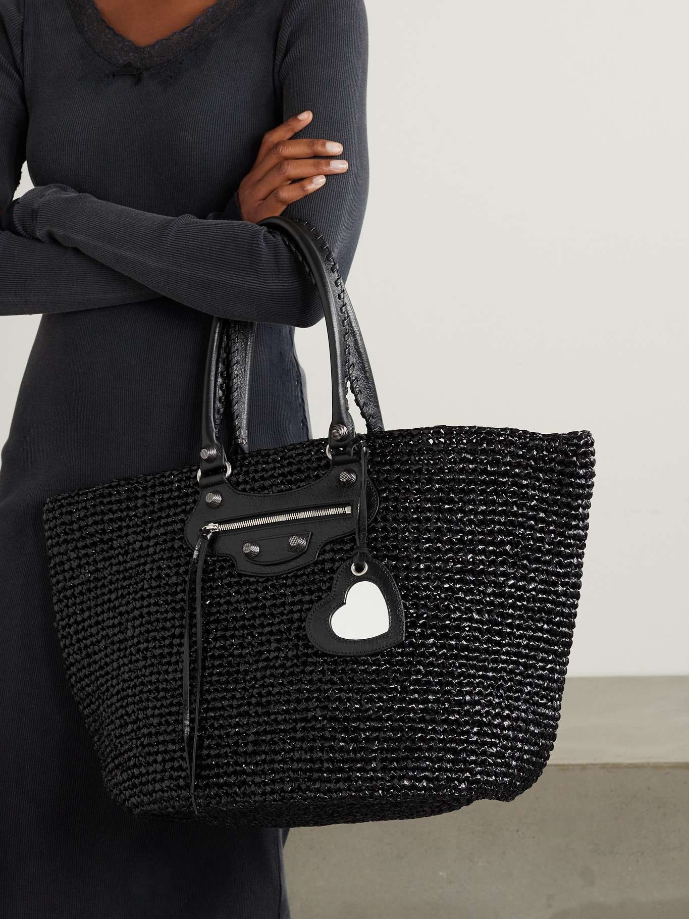 BALENCIAGA Black Le Cagole Panier Raffia Tote Bag