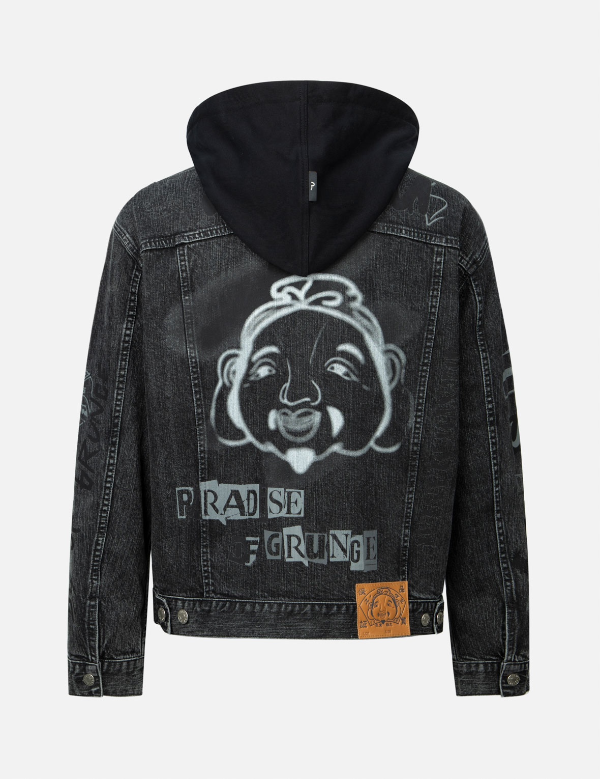 GRAFFITI GODHEAD PRINT LOOSE FIT HOODED DENIM JACKET - 1