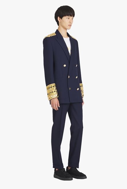 Navy blue twill blazer with double-breasted gold-tone buttoned fastening - 7