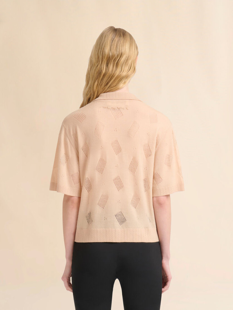 PALE PEACH WOOL-SILK KNIT OPENWORK SHIRT 3