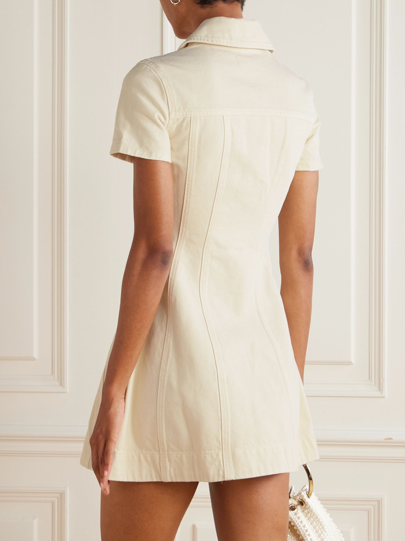 Crystal-embellished denim mini shirt dress Cream - 3