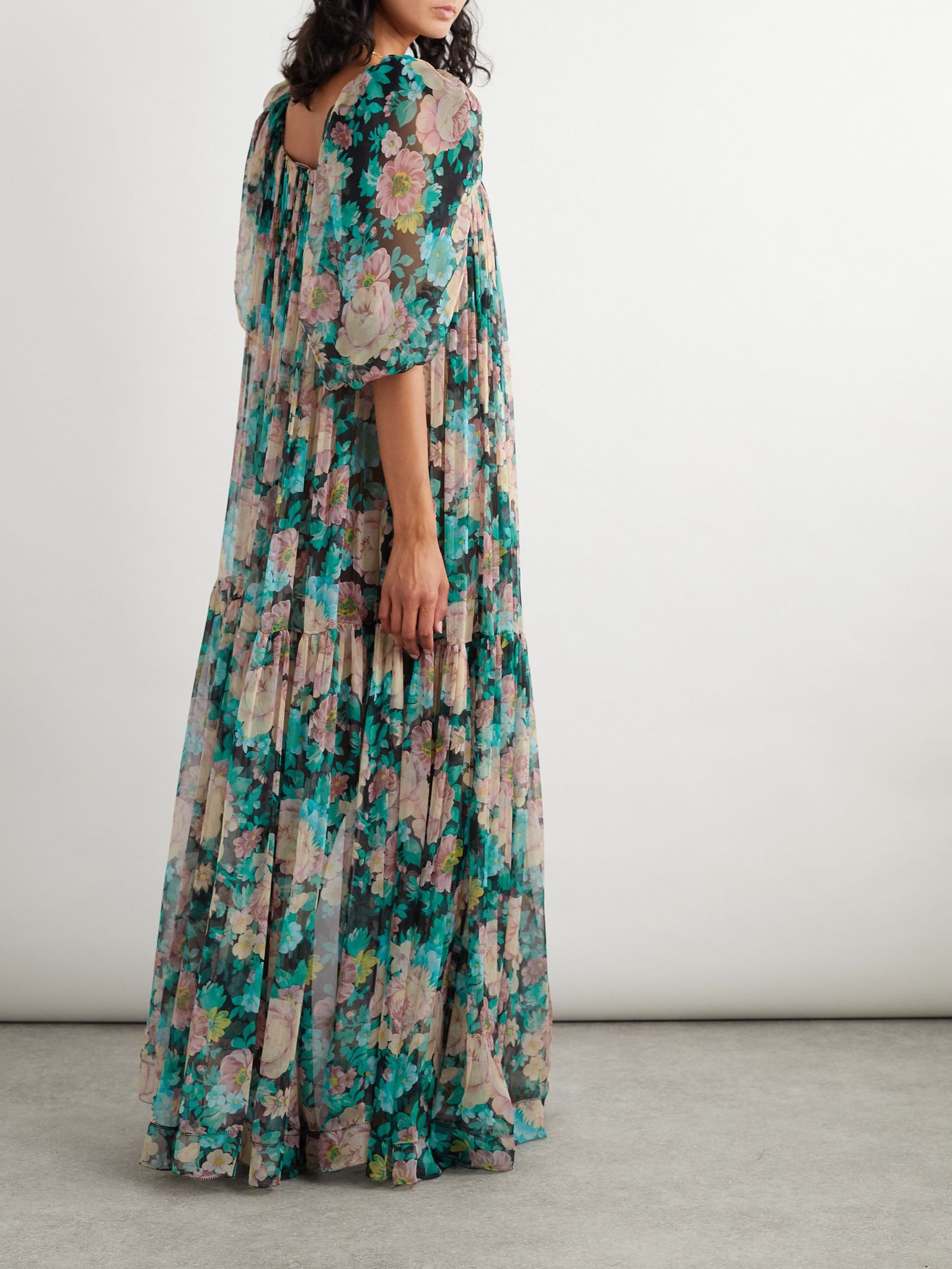 Gathered floral-print silk-muslin maxi dress Blue - 3