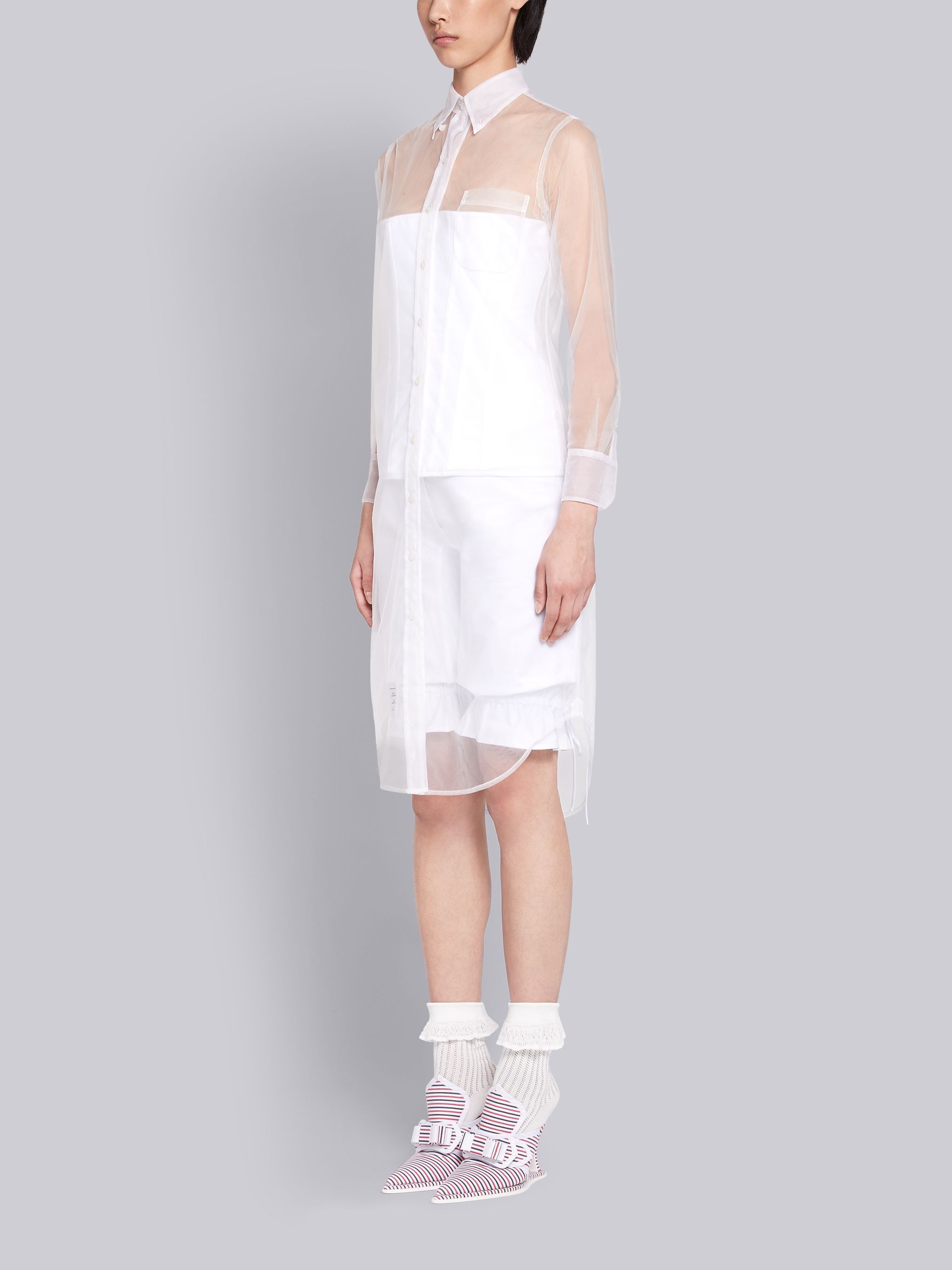 White Soft Tulle Exposed Long Sleeve Shirtdress - 2