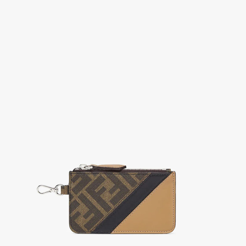 Card holder with clip and purse. Made of textured fabric with FF motif in brown and tobacco. Embelli 1