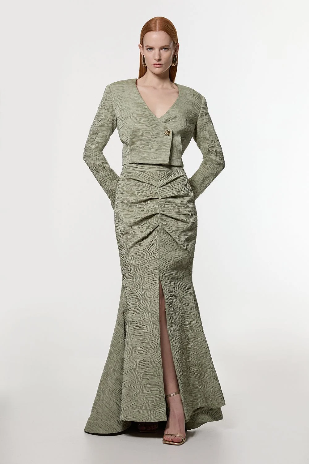 Crinkle Satin Pleated Tailored Maxi Skirt - 1