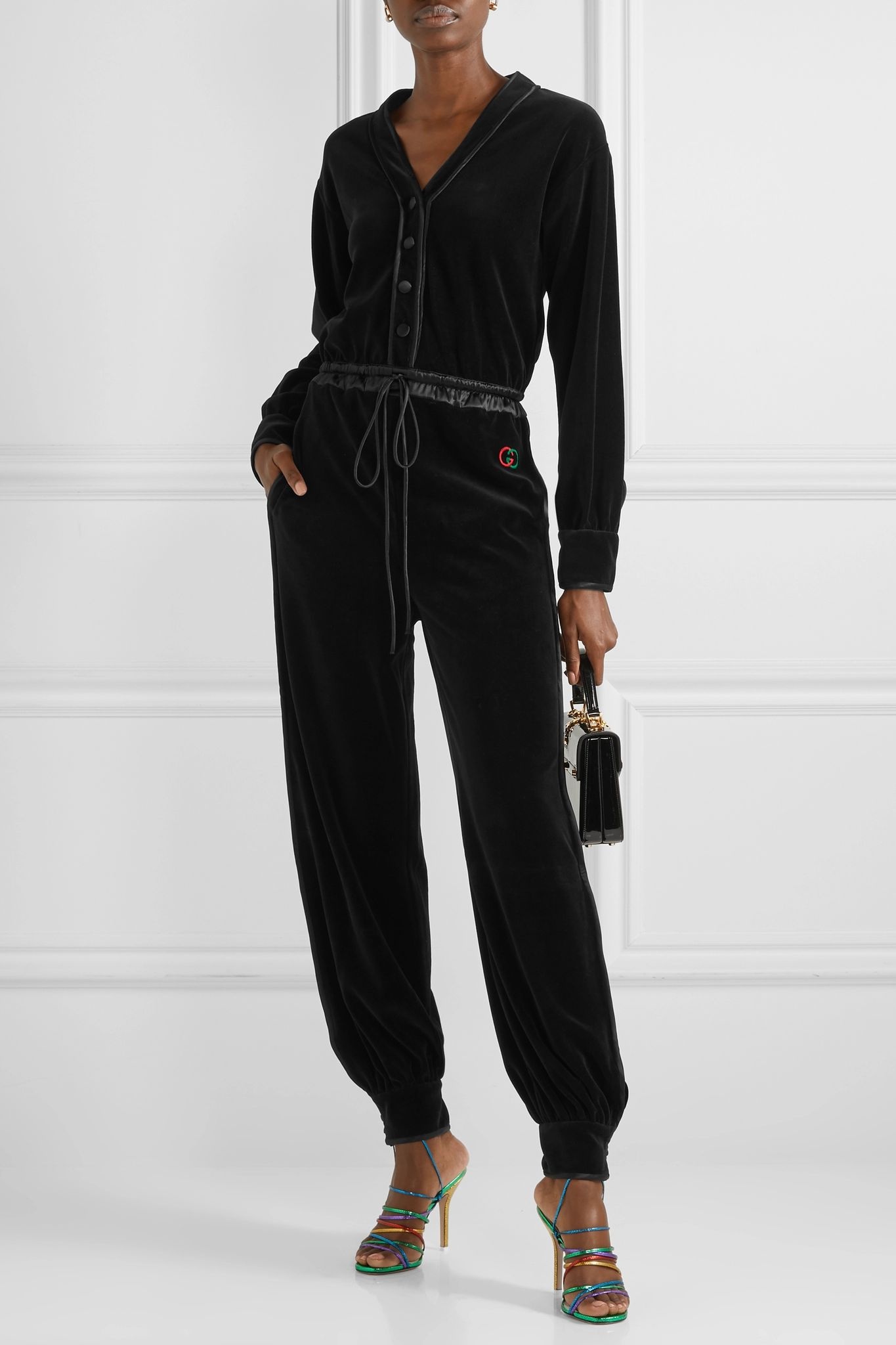 Satin-trimmed cotton-blend velvet jumpsuit - 2