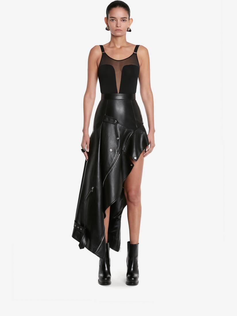 Women's Asymmetric Drape Biker Leather Skirt in Black - 2