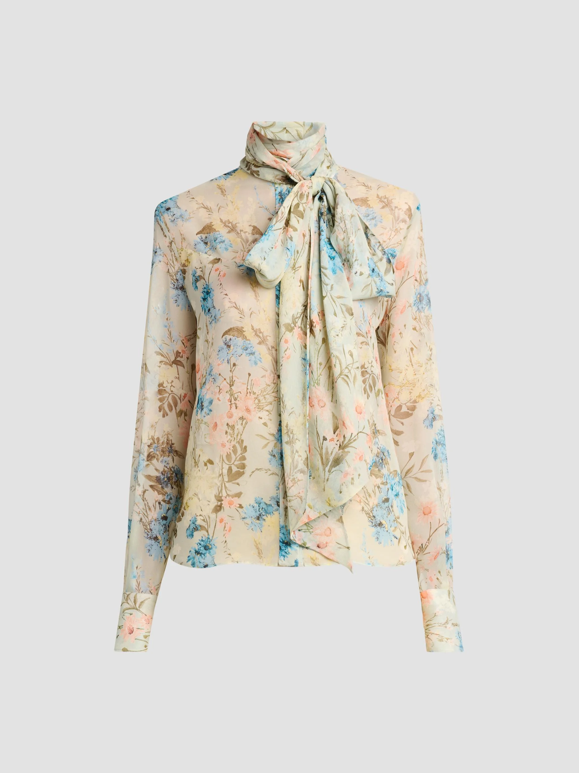 Women's Floral Tieneck Silk Blouse - Pistachio Pink - 1