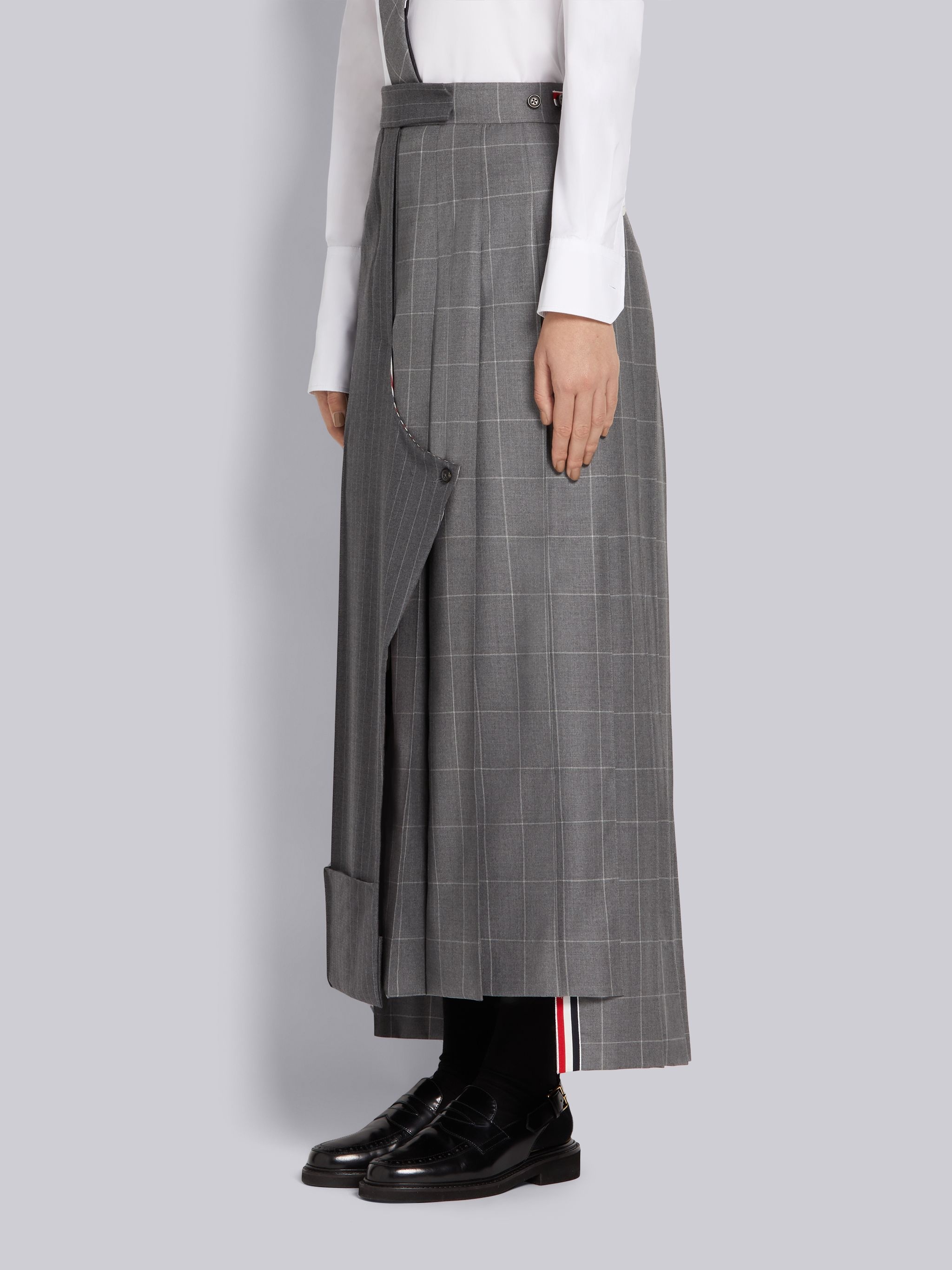 Medium Grey Pinstripe and Windowpane Wool Suiting Pleated Sack Skirt - 2
