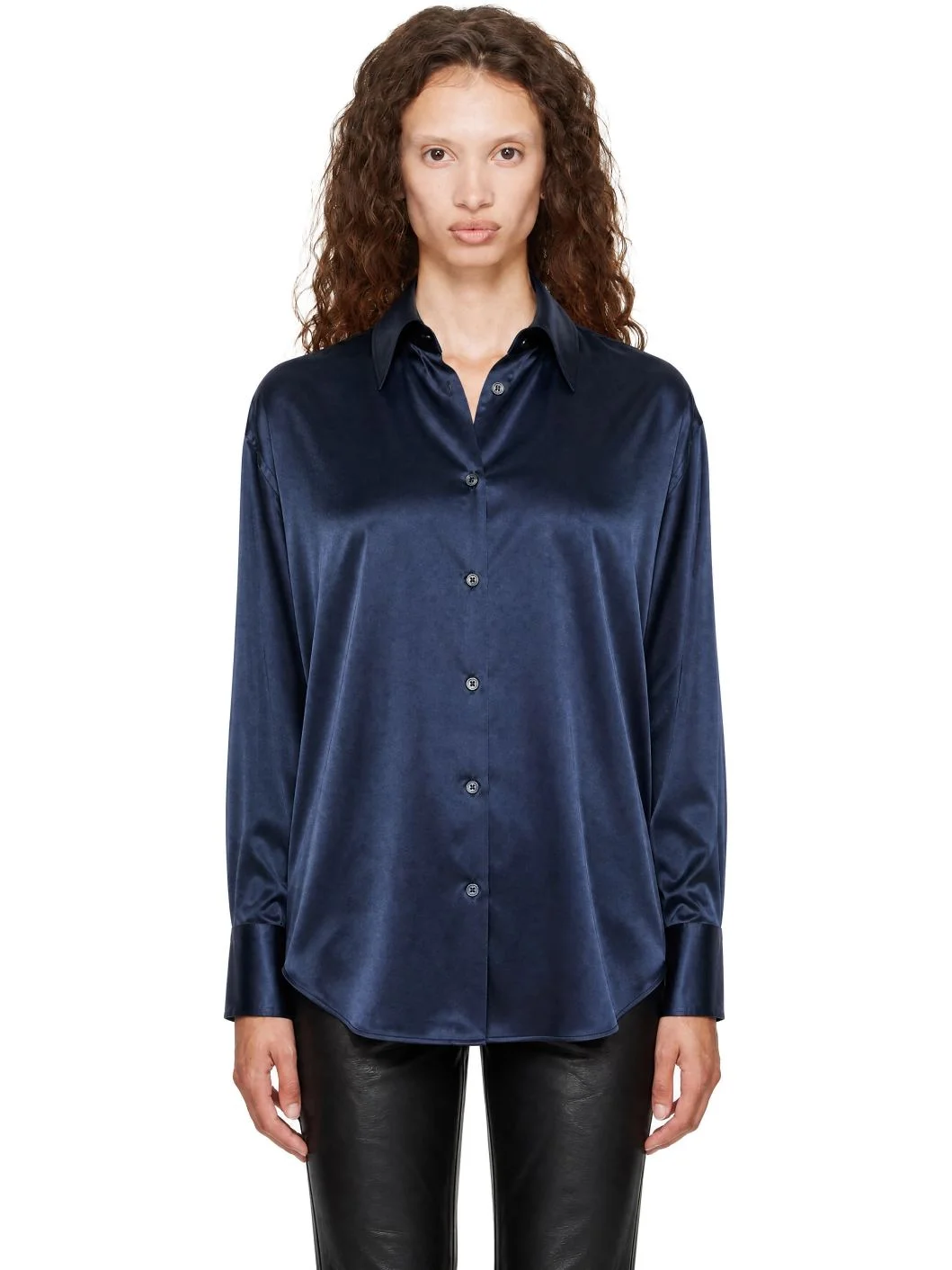 Navy Stretch Silk Satin Relaxed Fit Shirt - 1