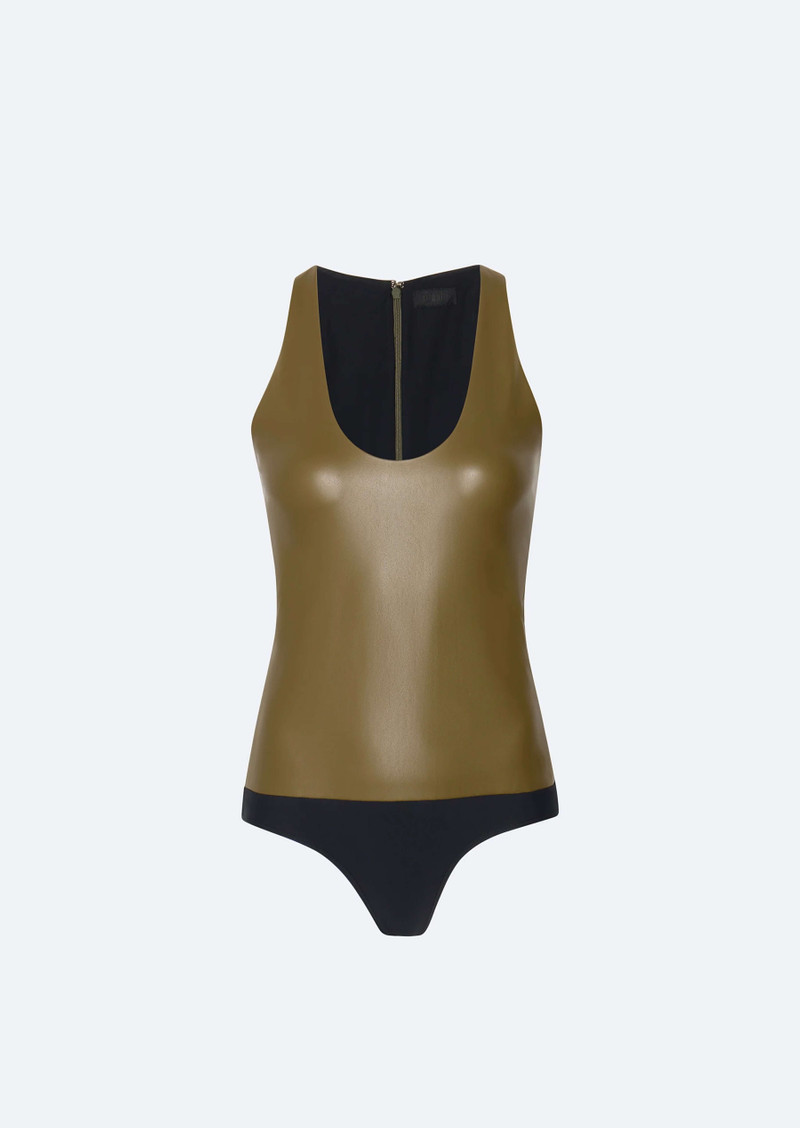 Faux Leather Scoop Neck Bodysuit 1