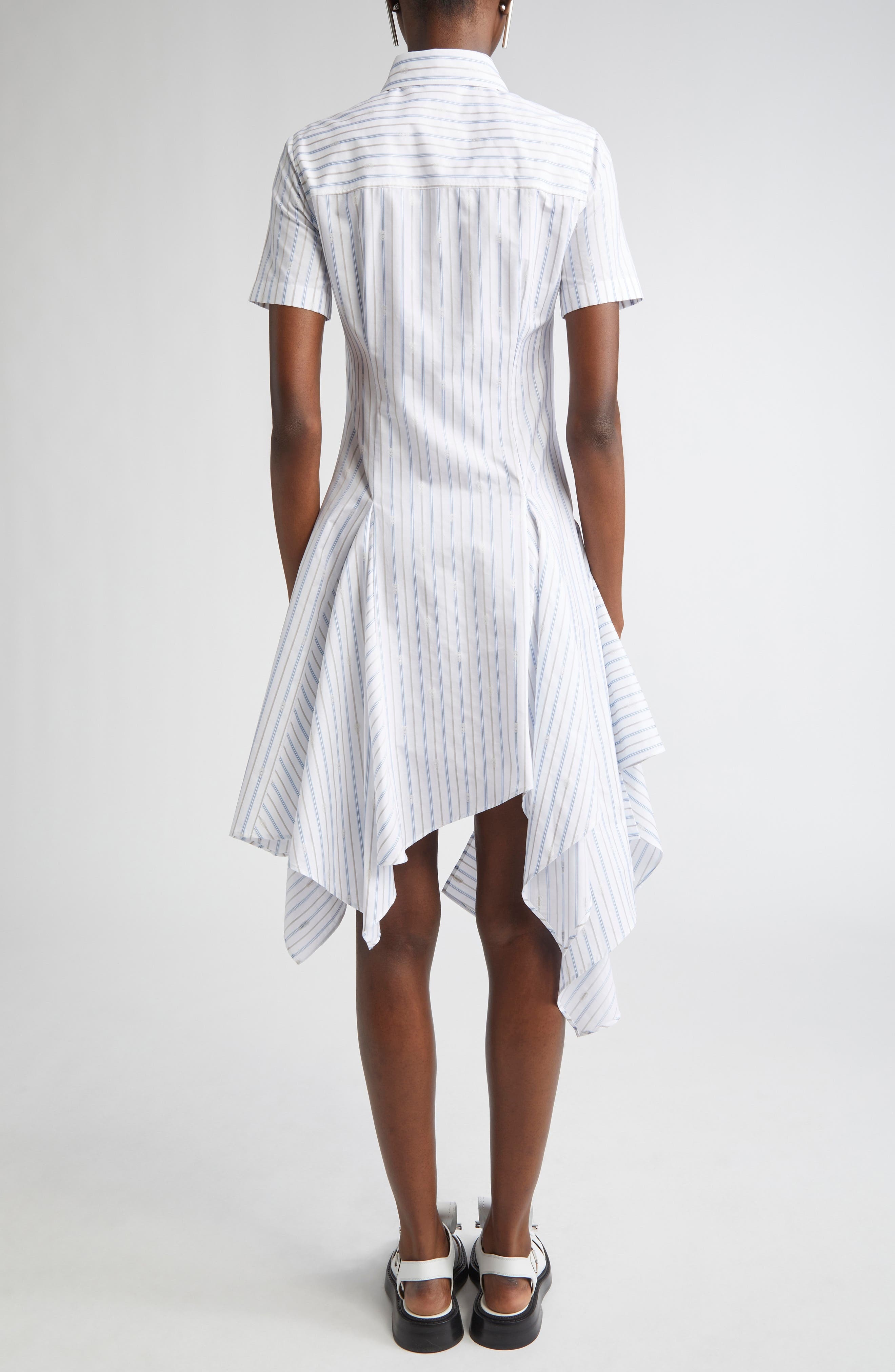 McQueen Day Stripe Skull Asymmetric Handkerchief Hem Cotton Shirtdress in White-Blue-Grey at Nordstr - 2