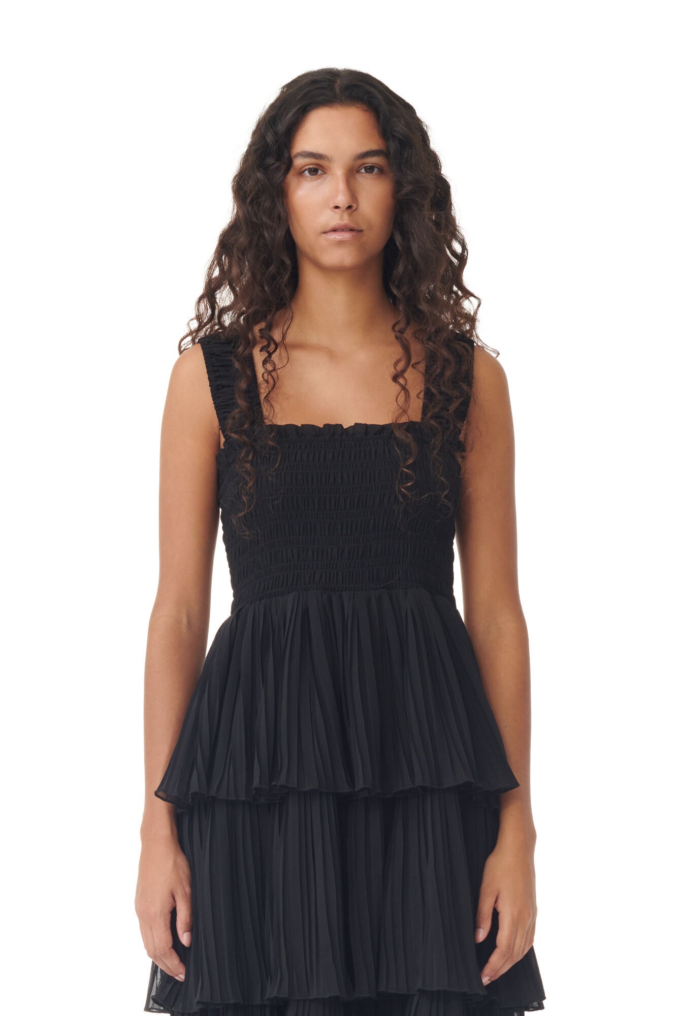 BLACK PLEATED GEORGETTE FLOUNCE SMOCK MIDI DRESS - 5