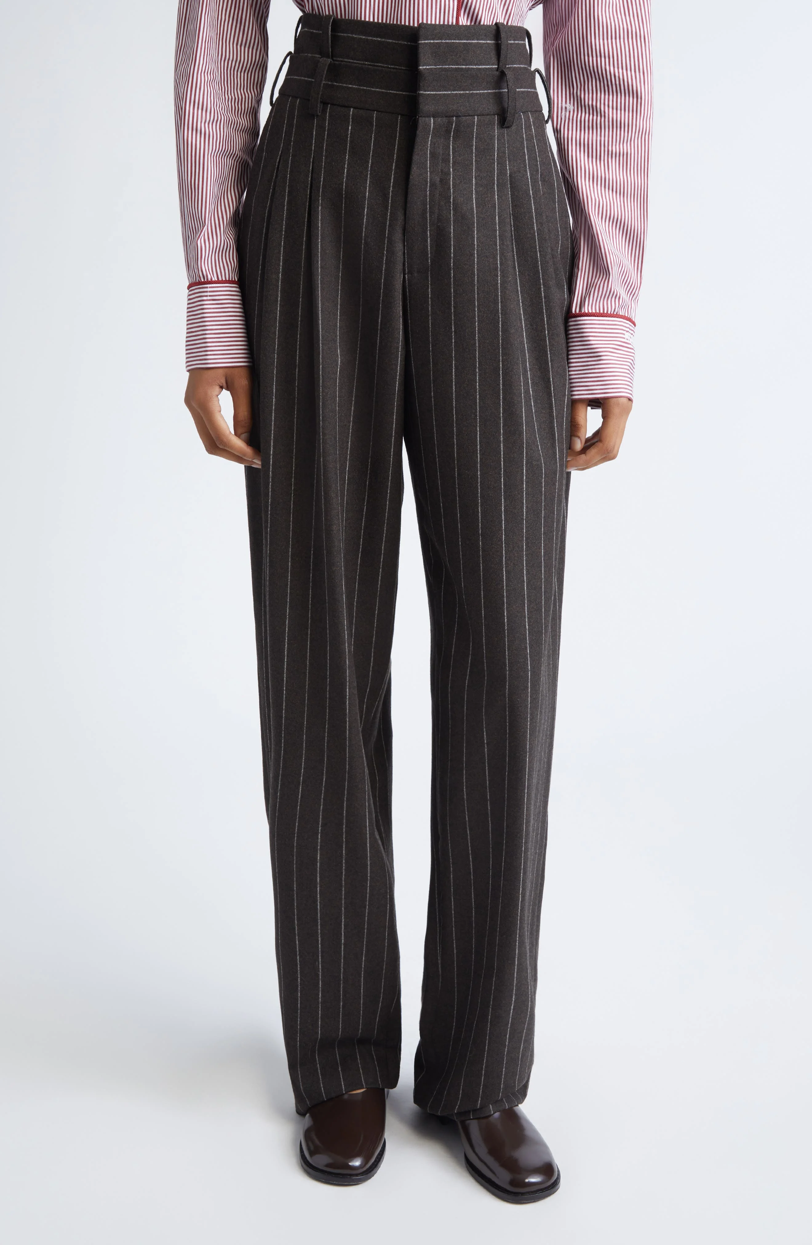 MONSE Double Waistband Pleated Pinstripe Stretch Wool Straight Leg Pants in Brown at Nordstrom - 1