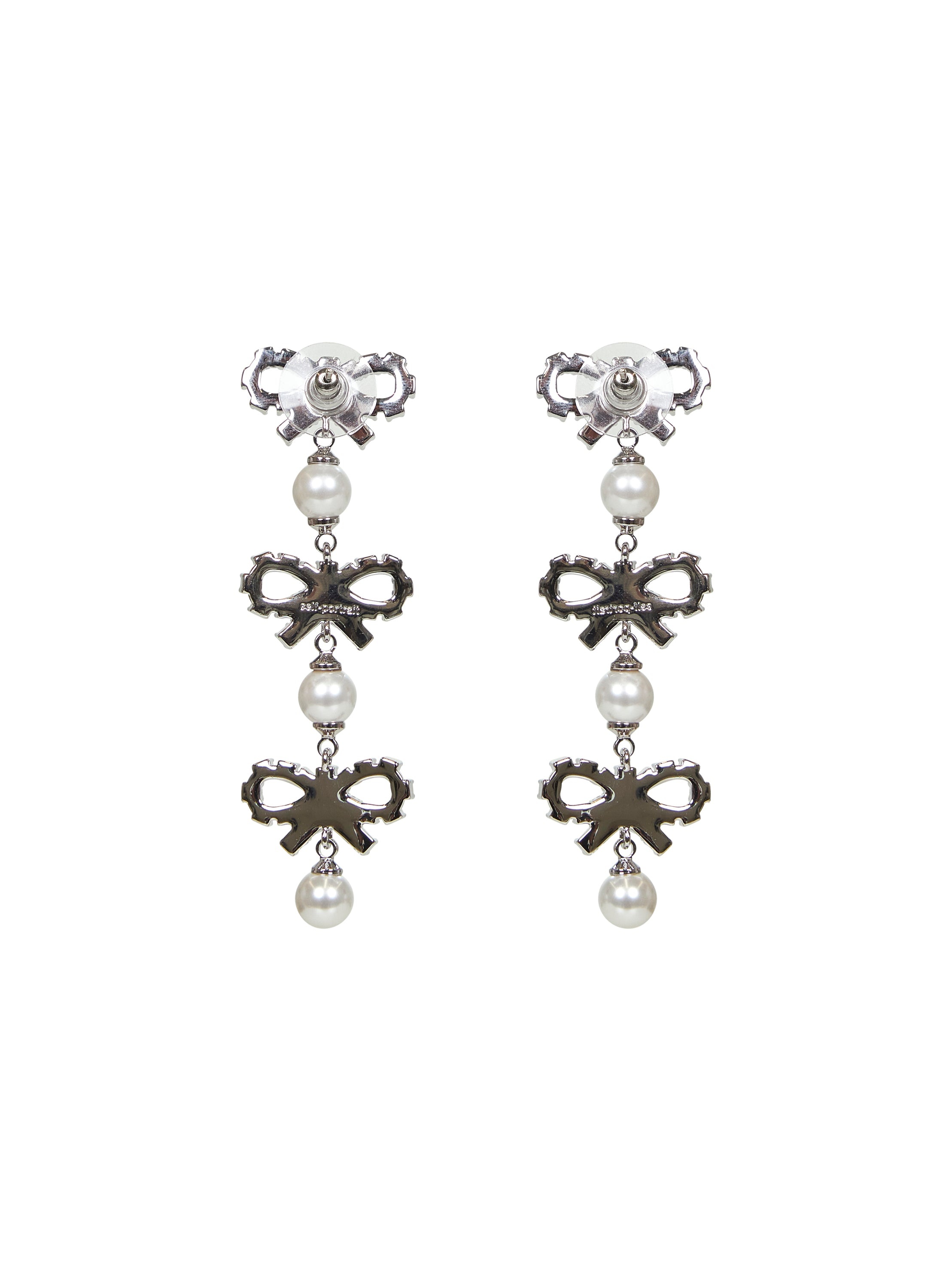 Silver micro bow pearl tiered earrings - 2