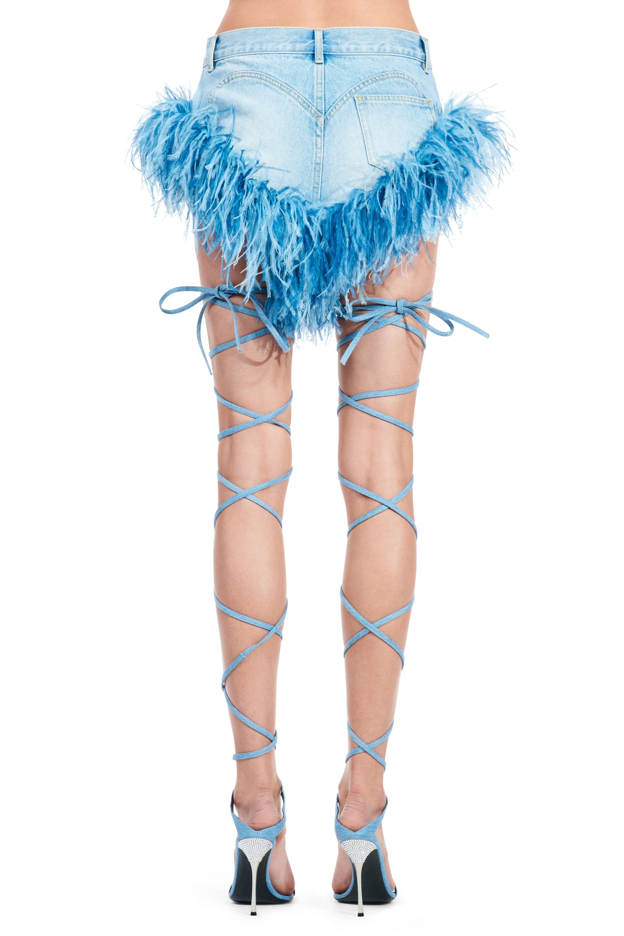 FRAYED DENIM FEATHER TRIM HOT SHORT - 3