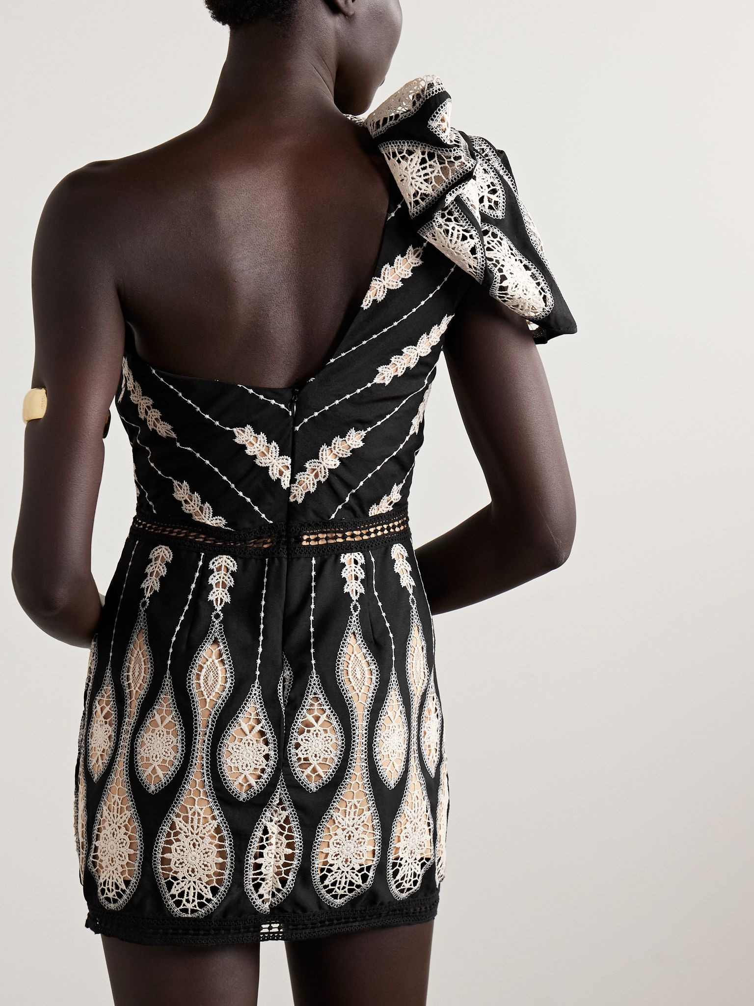 Celestial Matter one-shoulder guipure lace-trimmed voile mini dress Black - 3