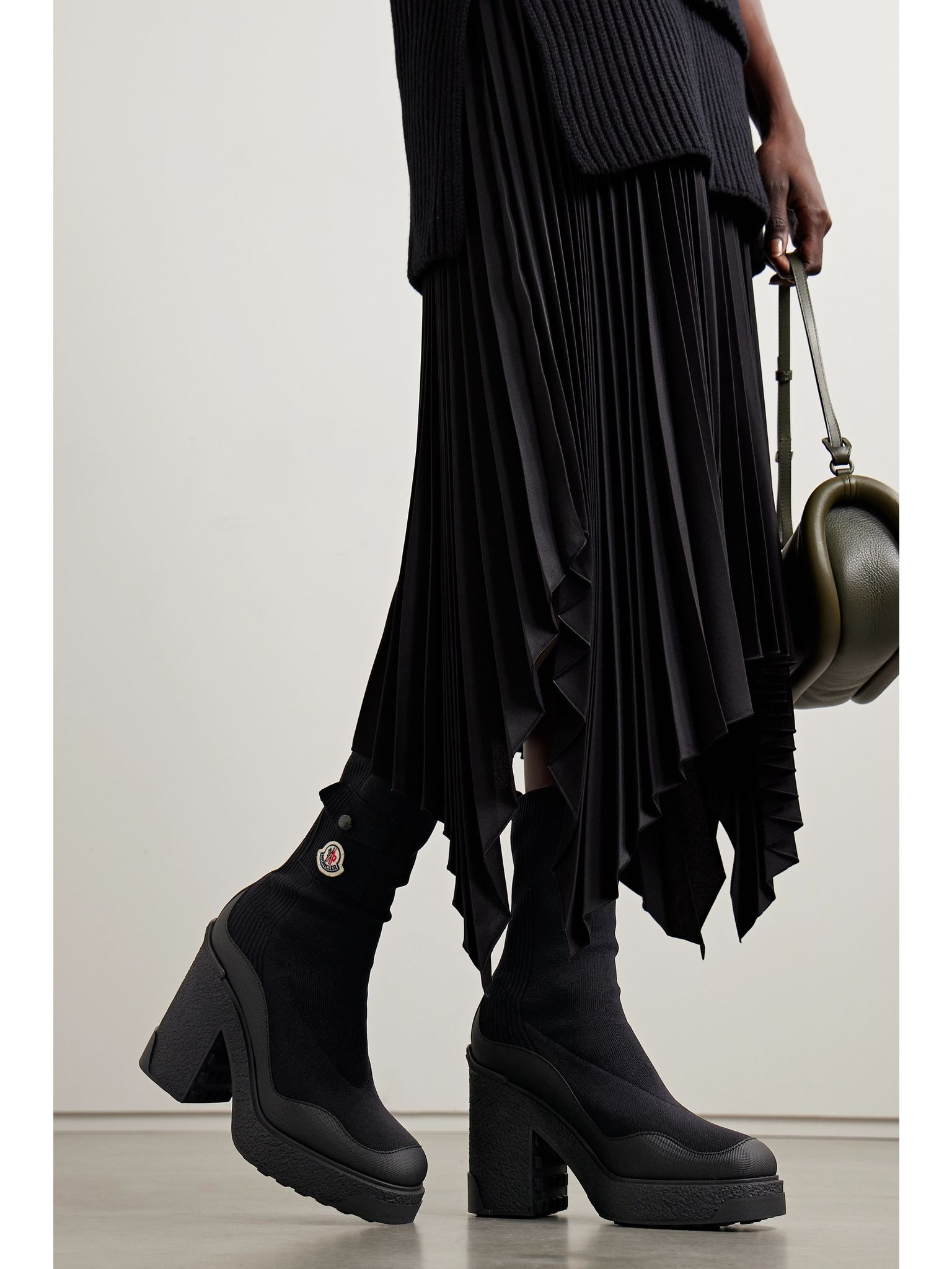 Splora leather and rubber-trimmed ribbed stretch-knit ankle boots Black - 2