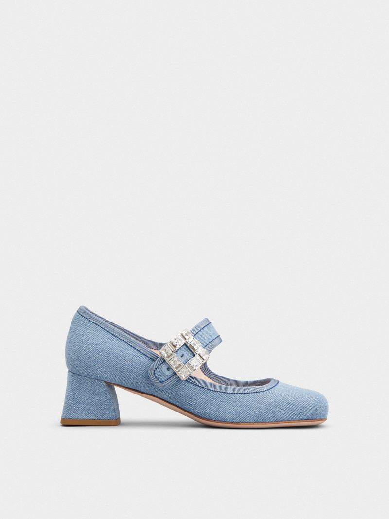Très Vivier Strass Buckle Babies Pumps in Denim - 1