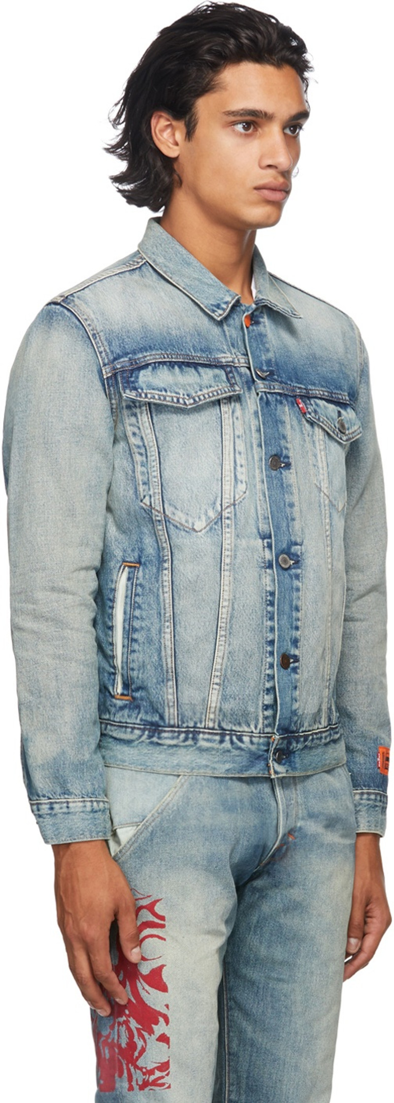 Heron Preston Indigo Levi's Edition Denim Logo Trucker Jacket outlook