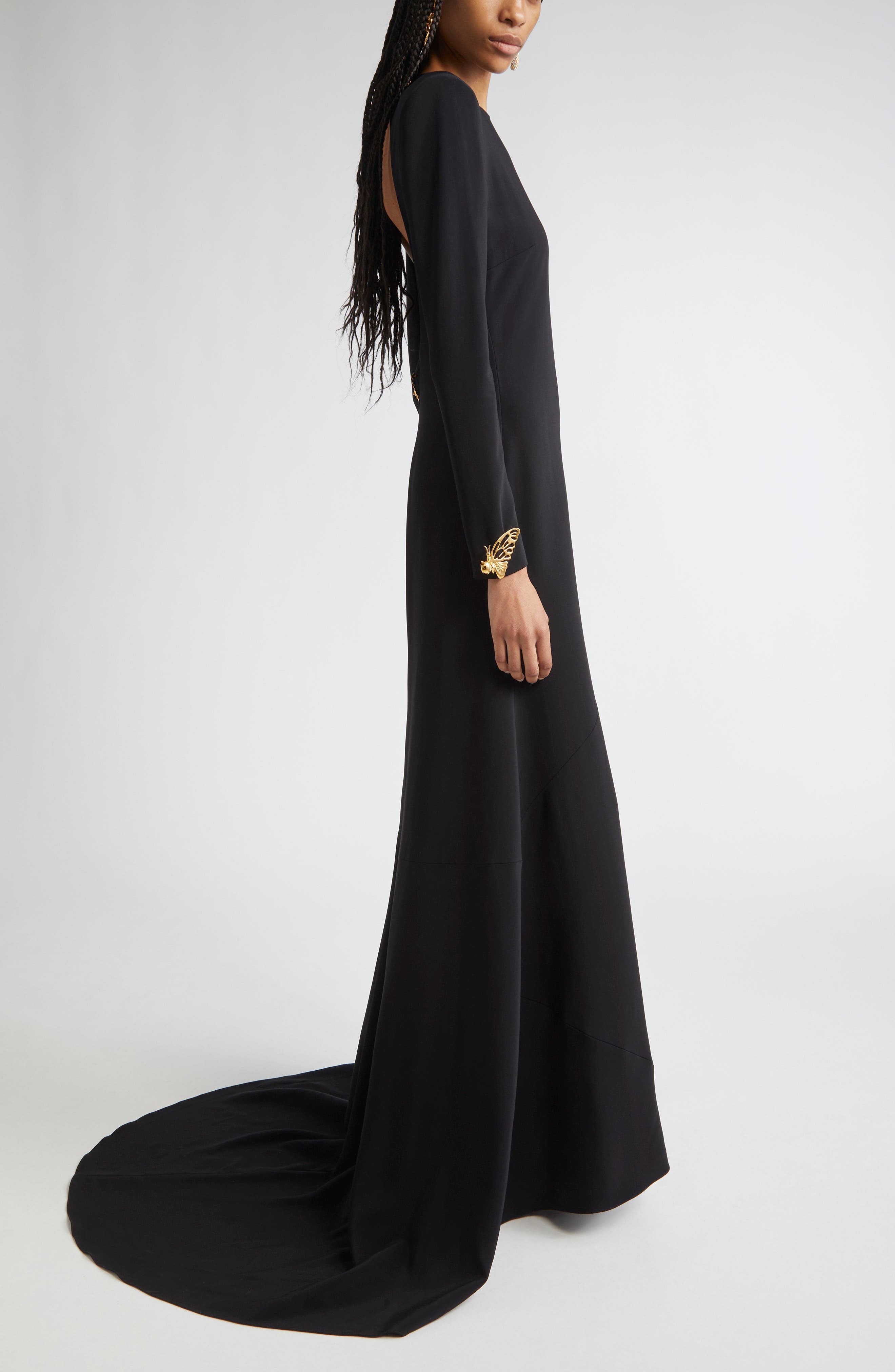 Oscar de la Renta Butterfly Detail Long Sleeve Open Back Gown in Black at Nordstrom - 3