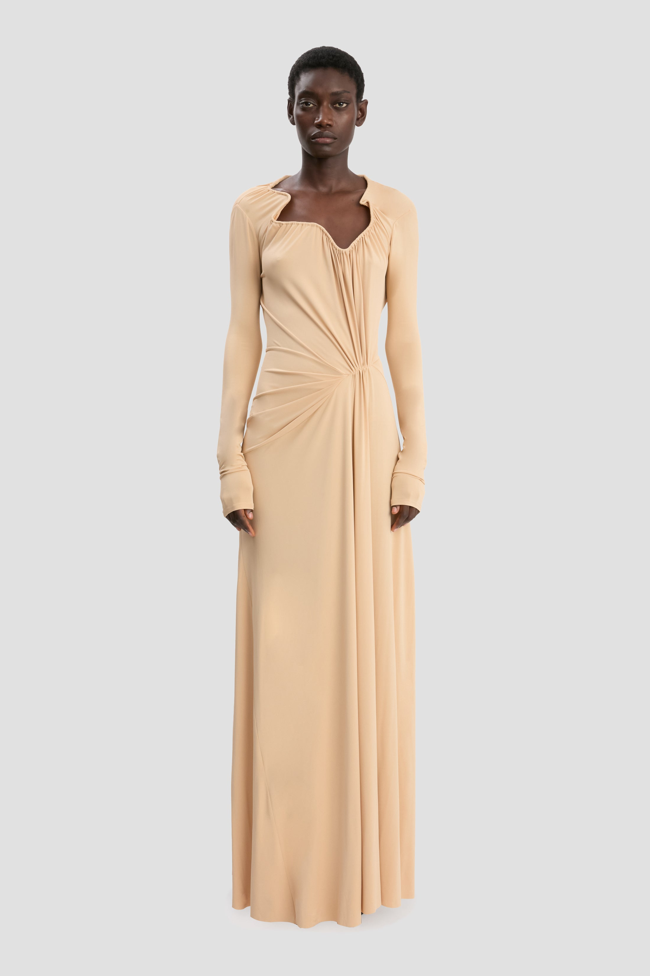 Asymmetric Structured Neckline Gown In Dune Beige - 2