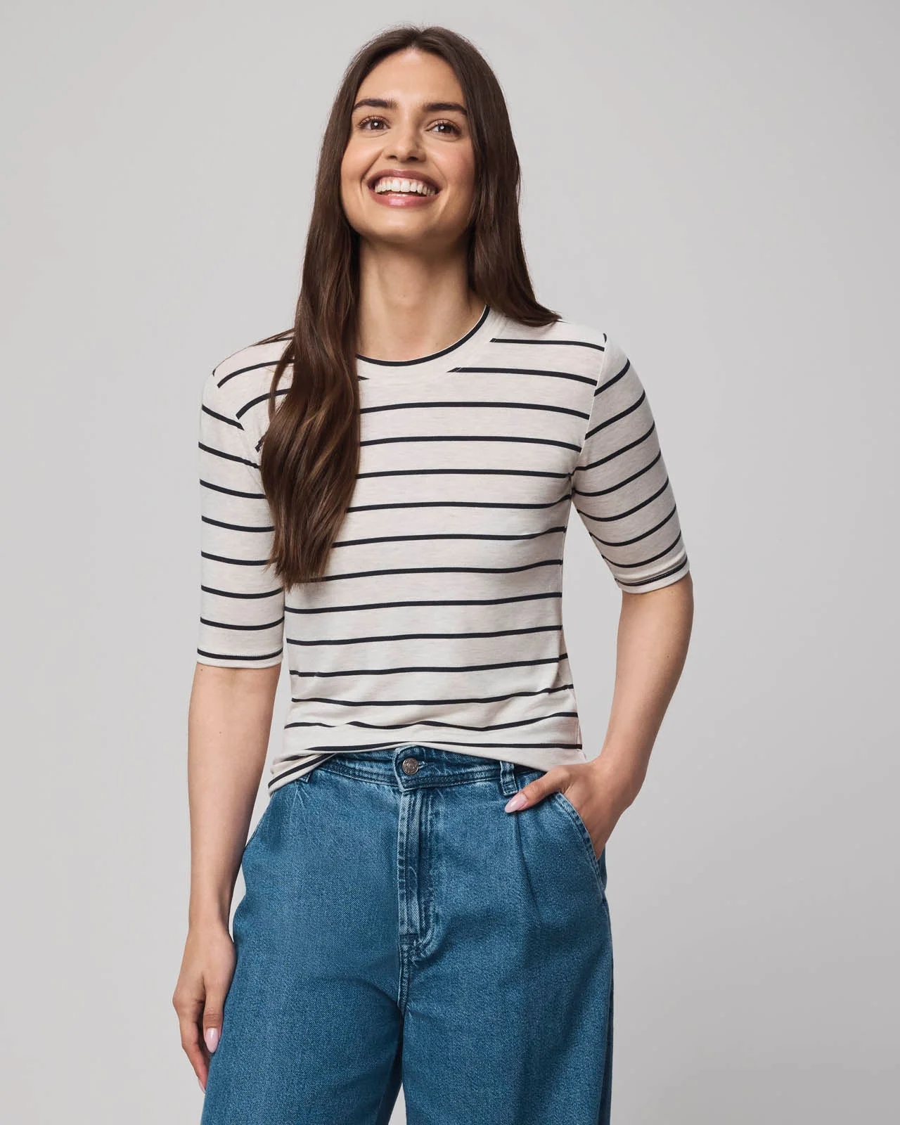 Bamboo Blend Stripe Quarter Sleeve Tee - 1