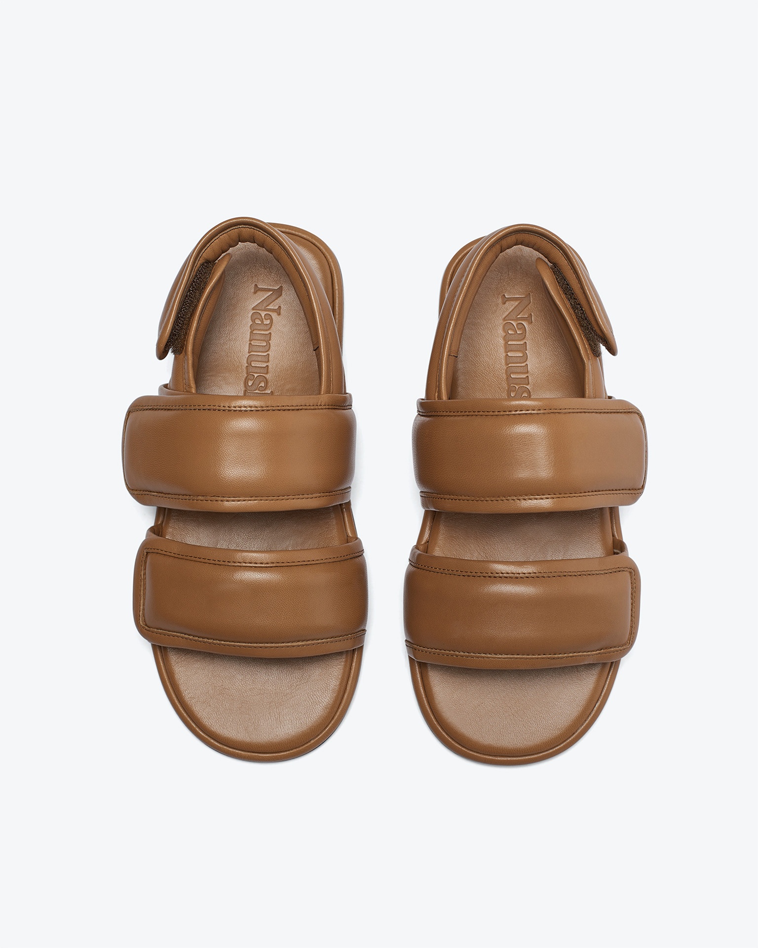 TARRUS - Rounded toe padded flat sandals with velcro straps - Nut brown - 4