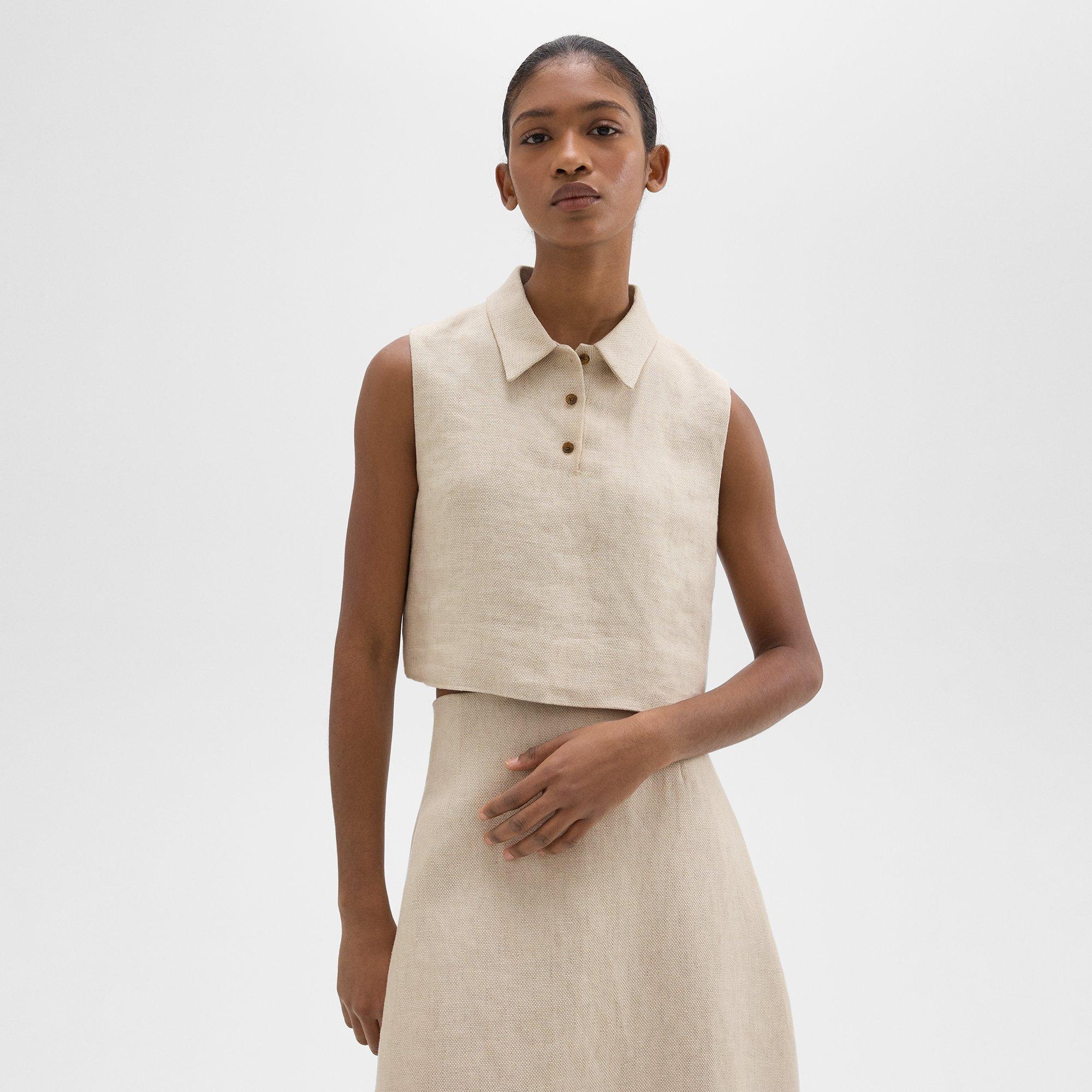 Sleeveless Polo in Basket Weave Linen - 2