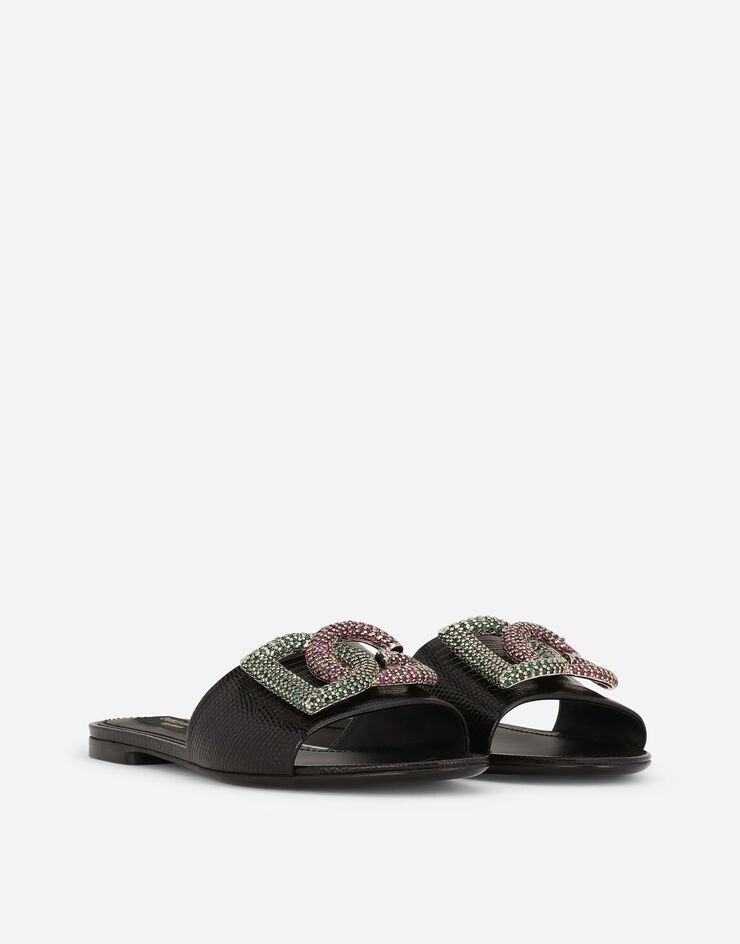 Iguana-print calfskin sliders with rhinestone-detailed DG logo - 2