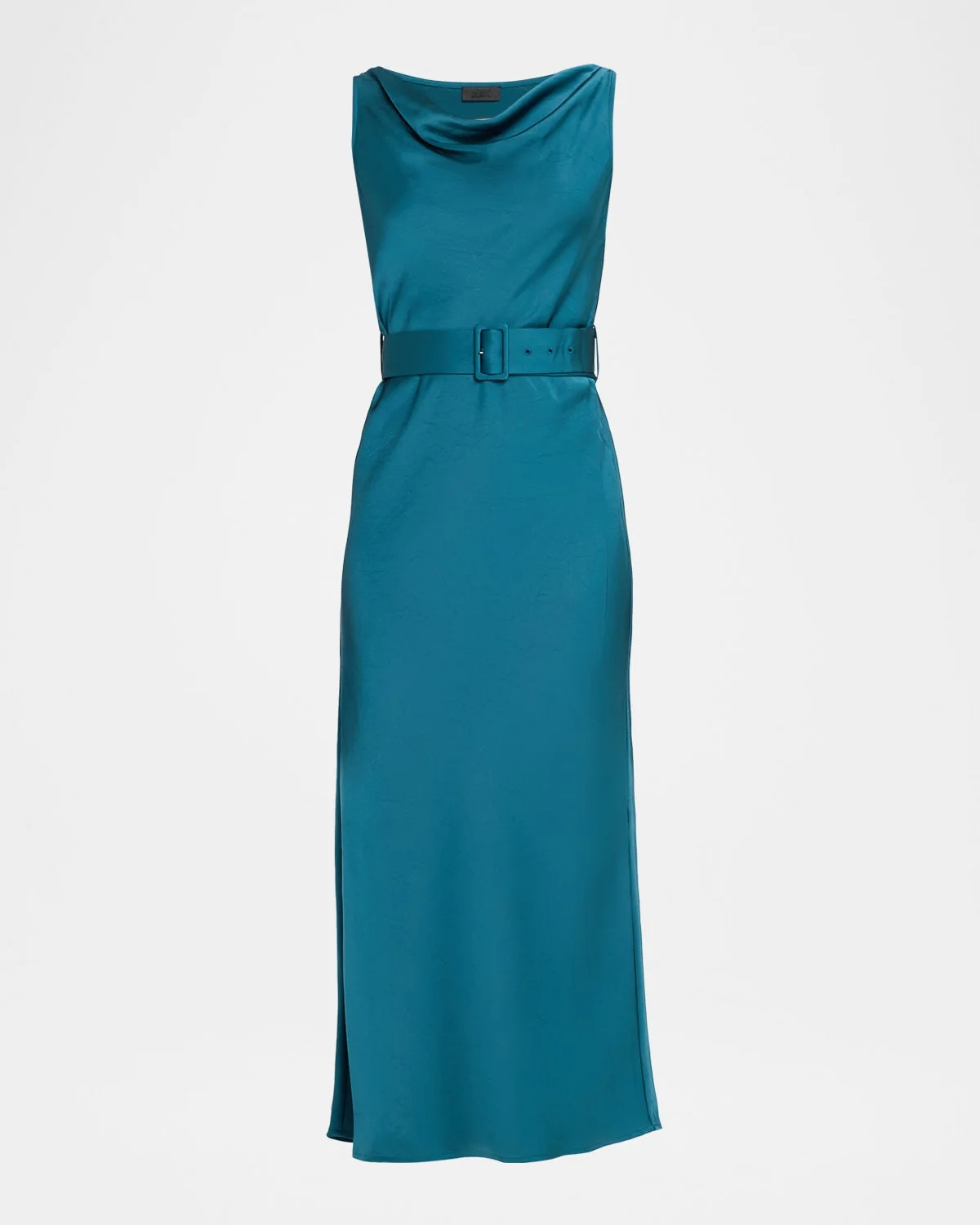 Cowl-Neck Satin Belted Sleeveless Midi Dress - 1