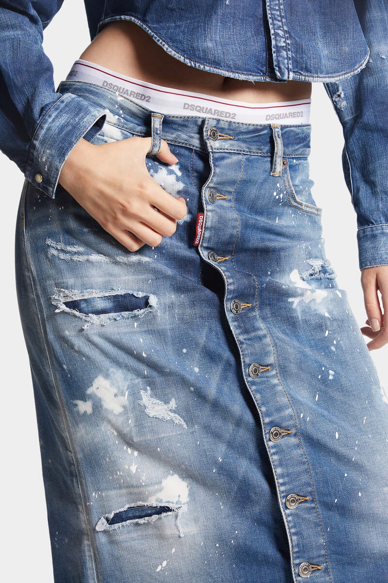 MEDIUM ICE SPOTS WASH DENIM LONG SKIRT - 4