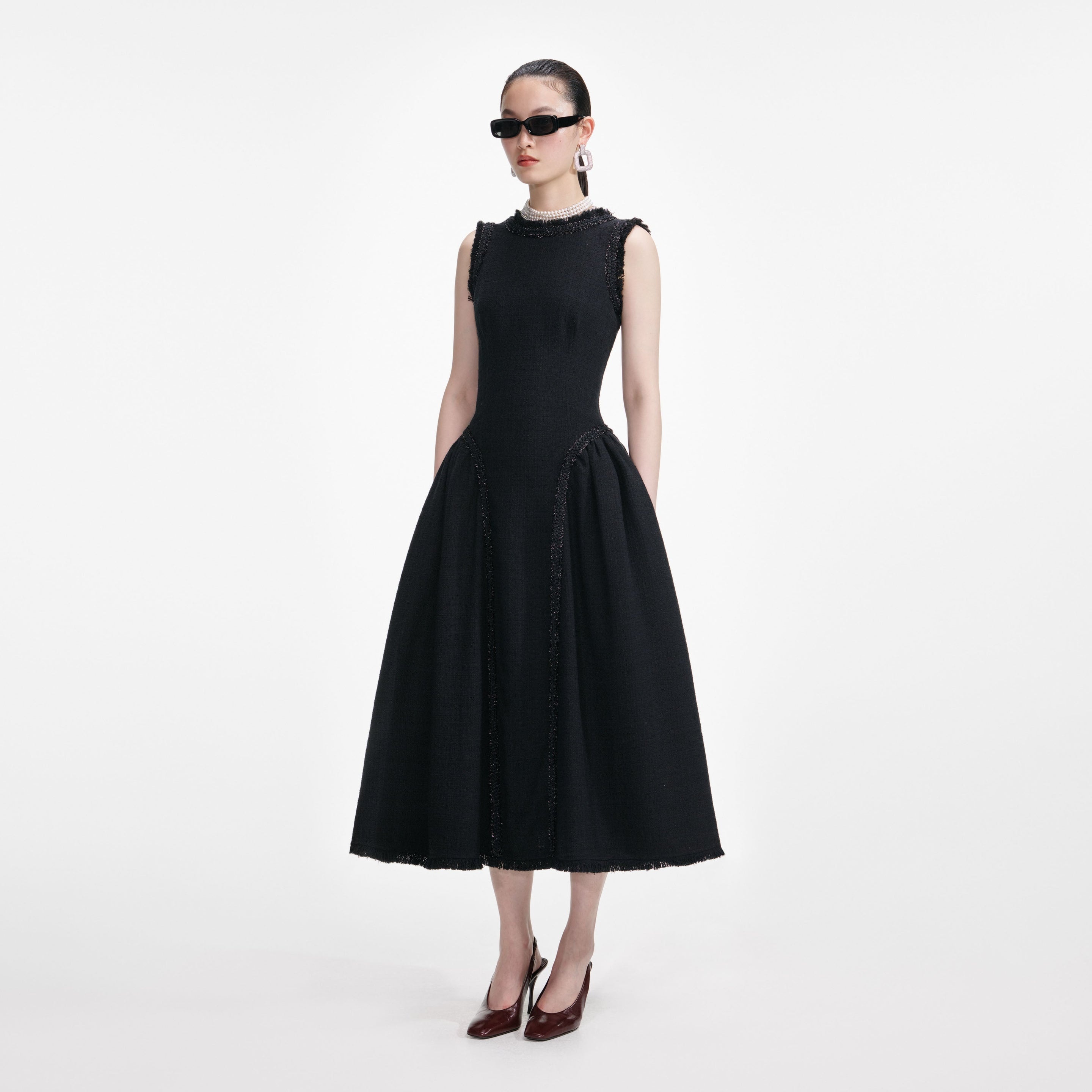 Black Boucle Sleeveless Midi Dress - 2