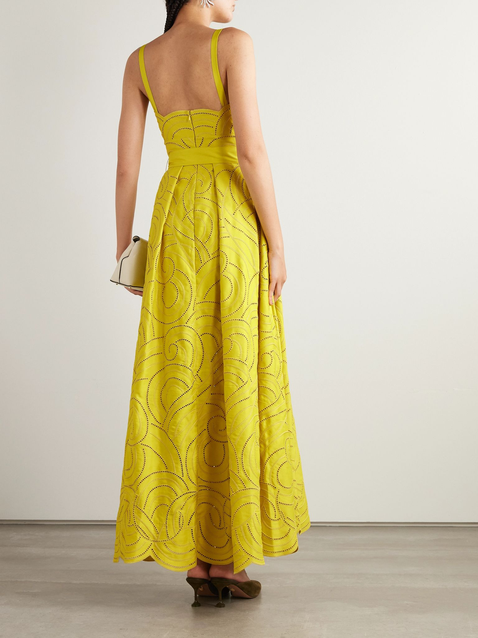 Belted pleated embroidered cotton-blend twill gown Yellow - 3