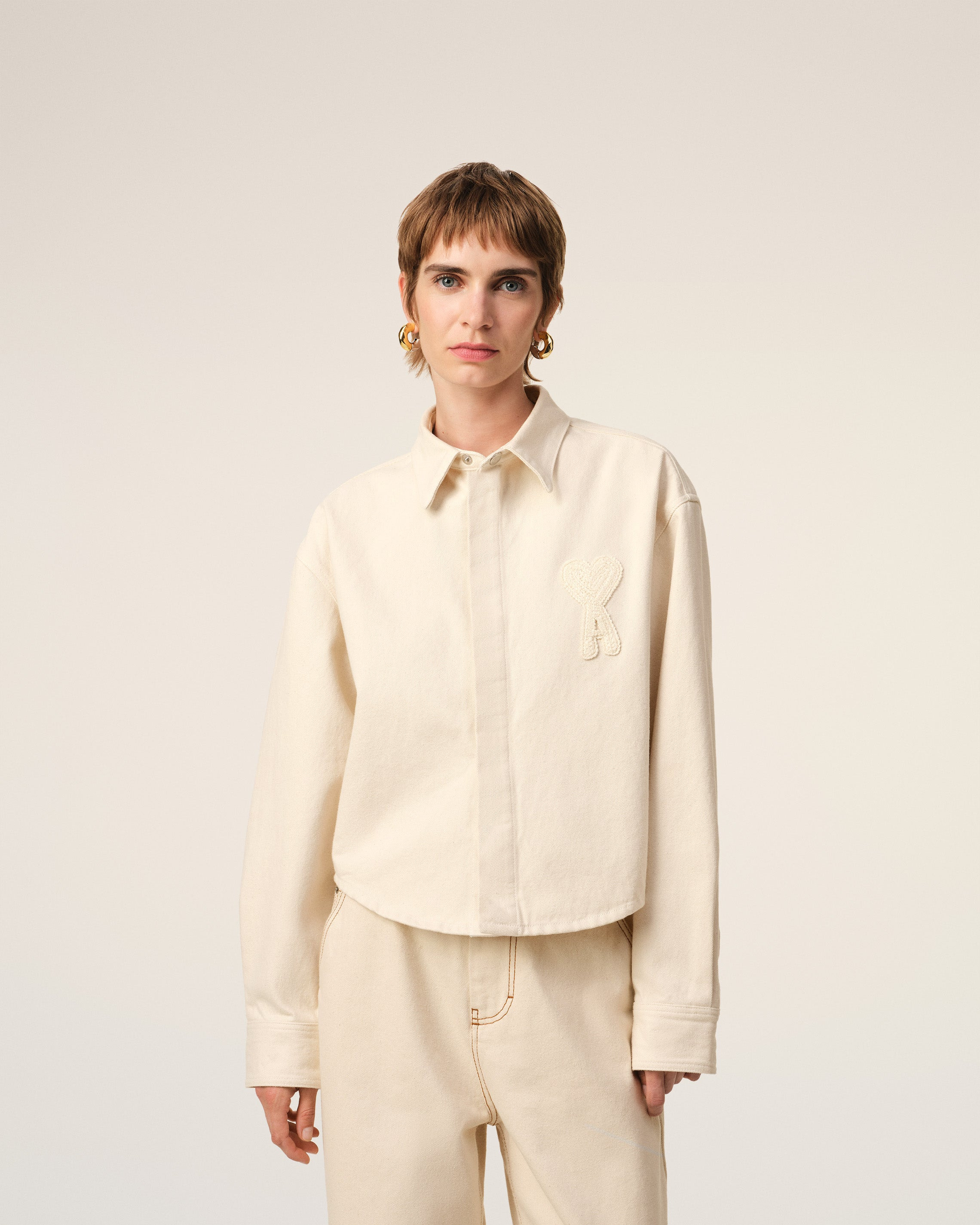 BEIGE COTTON AMI DE COEUR CROPPED SHIRT - 3