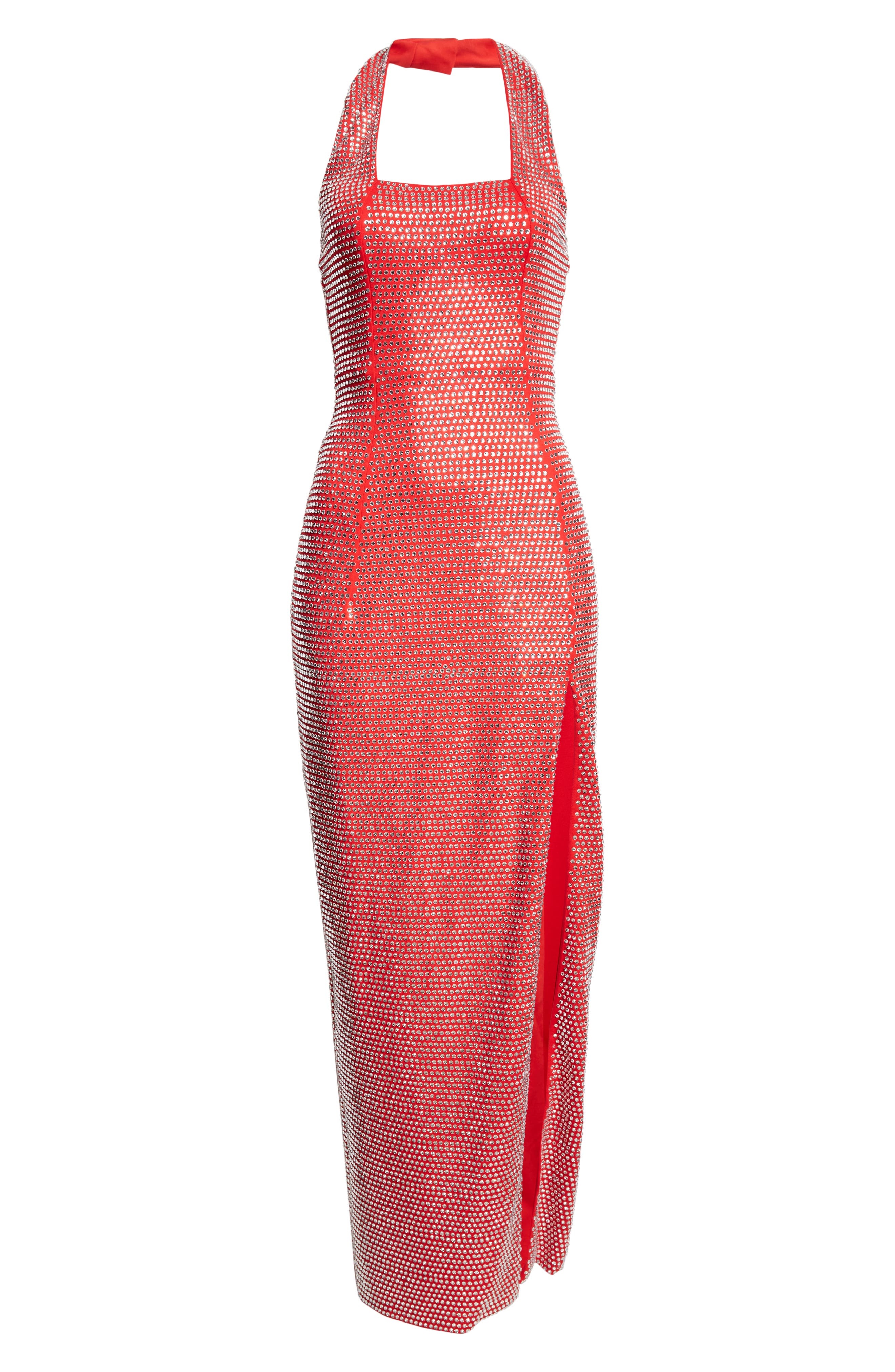 Area Crystal Embellished Halter Gown in Carmine at Nordstrom - 5