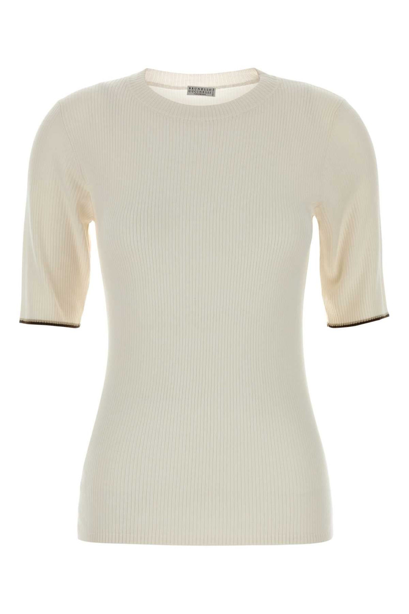 Brunello Cucinelli Cashmere Blend Ribbed T-Shirt — Beige 1