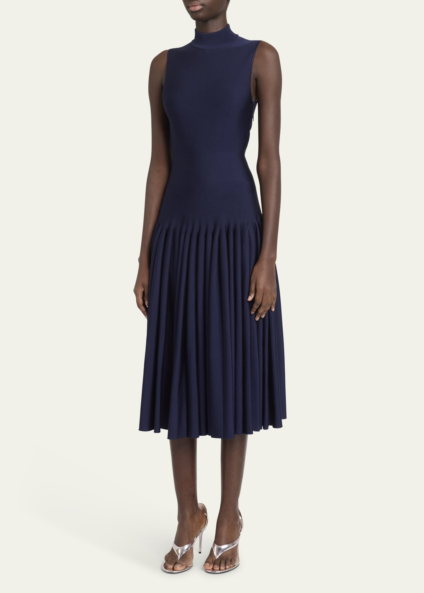 High-Neck Pleated Knit Midi Dress - 4