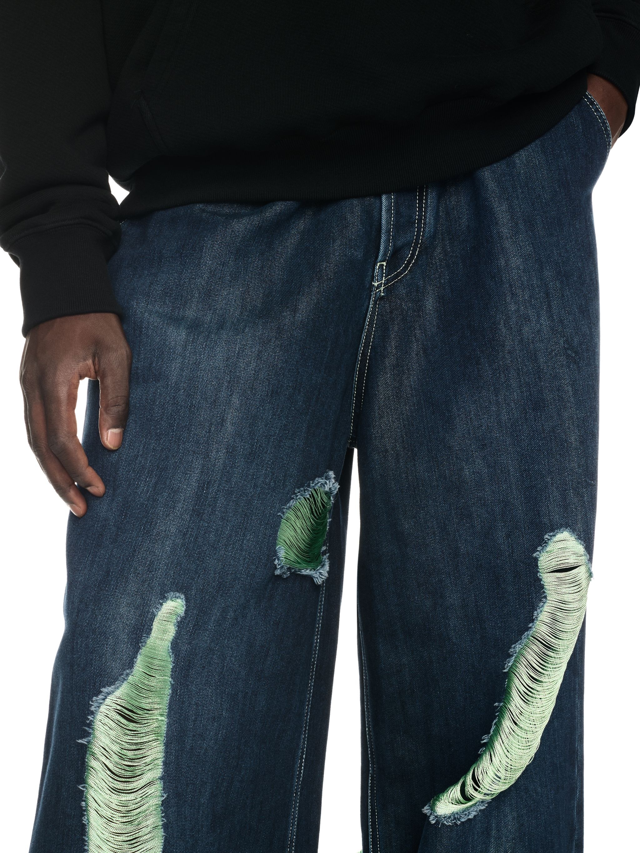 Blue/green Shiny Shredded Wide Jeans - 5